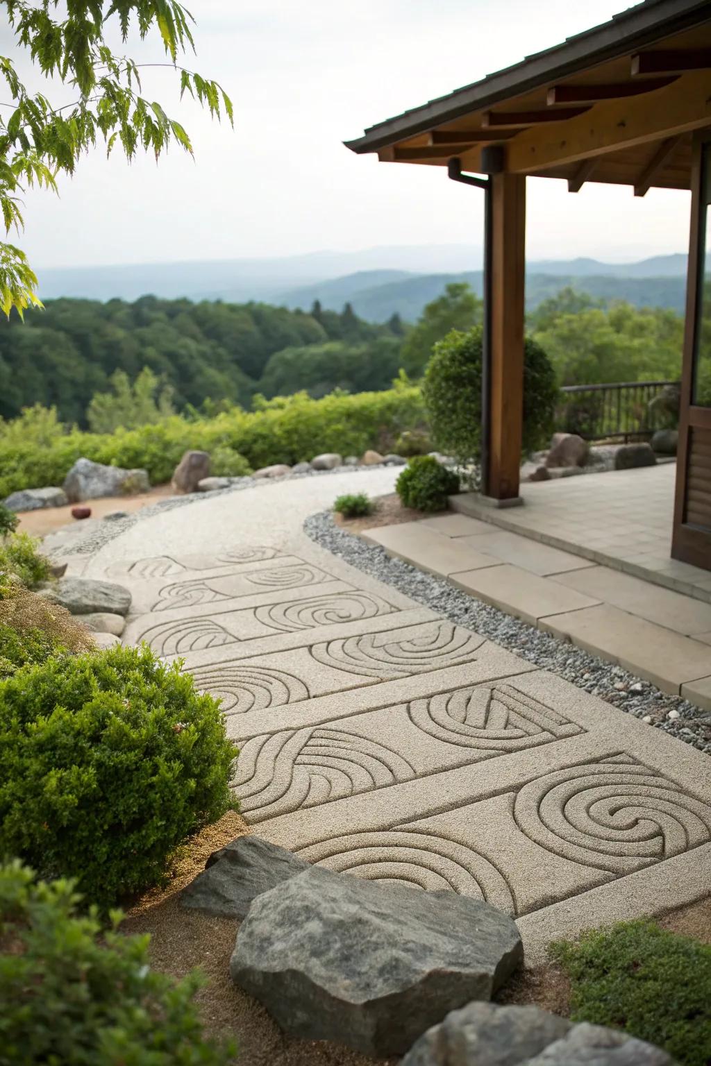 A stone patio that includes a peaceful Zen garden.