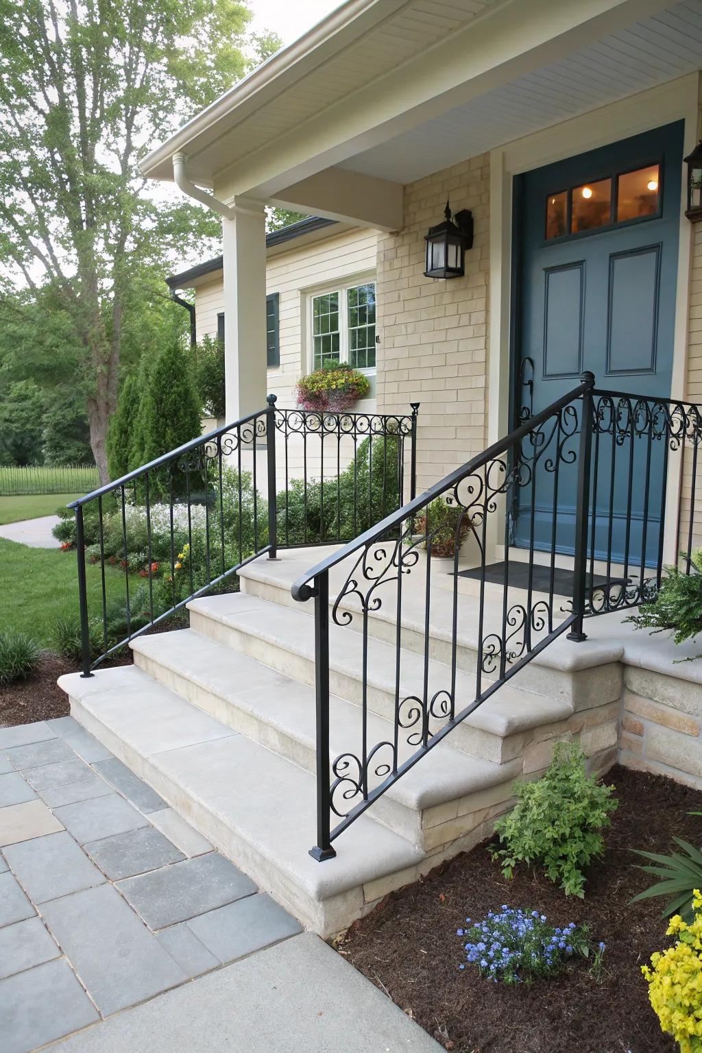 Elegant railings significantly enhance the stoop’s visual appeal.