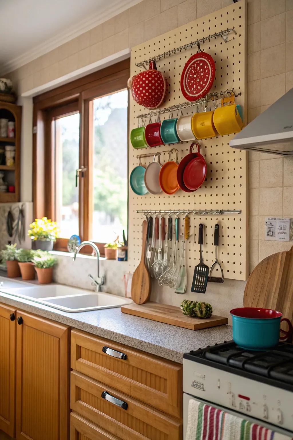 A kitchen featuring a pegboard for organizing pots and utensils.