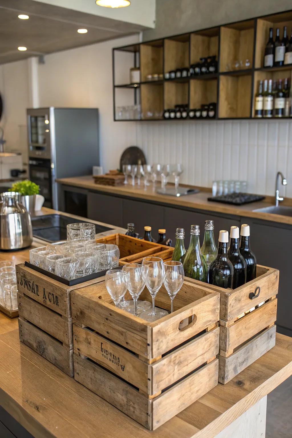 Vintage containers inject a rustic charm into glass storage.