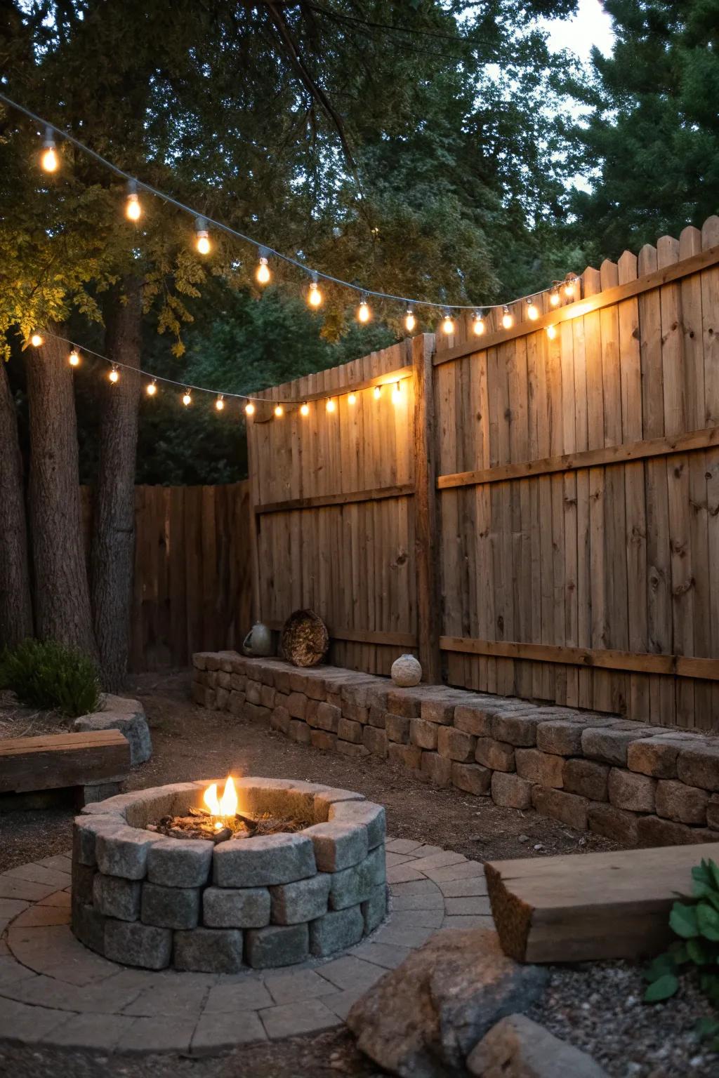 A rustic fence delivers a charming backdrop for twinkle lights.