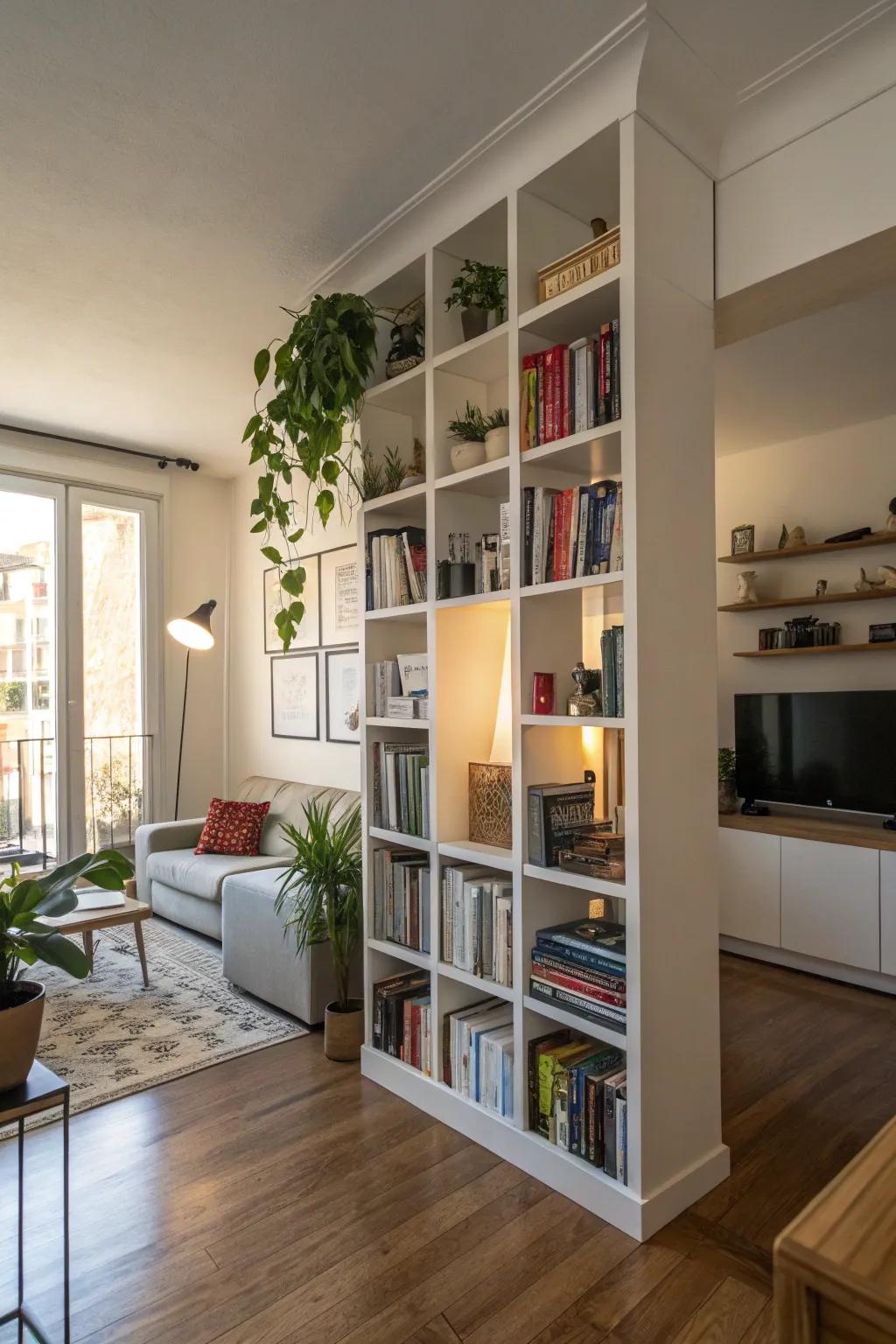 Wall partitions with shelves offer separation and storage.