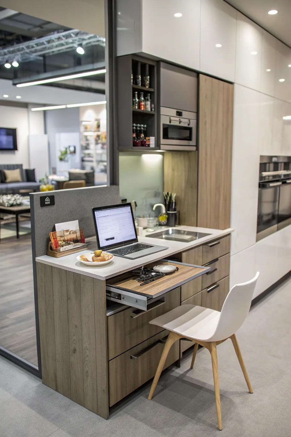 A covert workspace introduces flexibility to a studio kitchen.