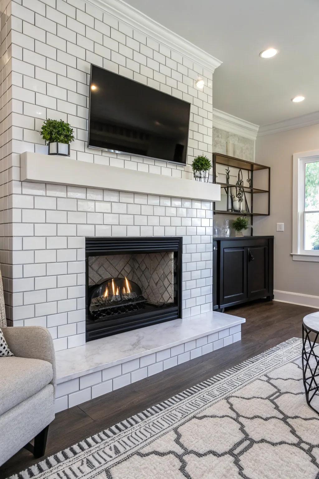 Single-color rectangular tiles offer timeless sophistication to any fireplace.