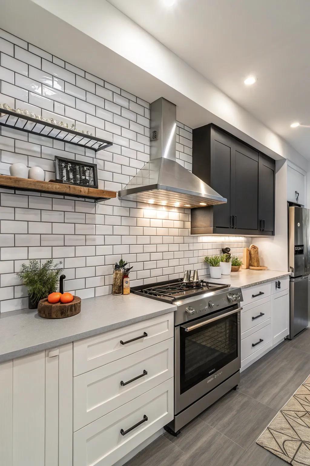 The tile design is highlighted by contrasting cement mix, which adds drama to the kitchen.