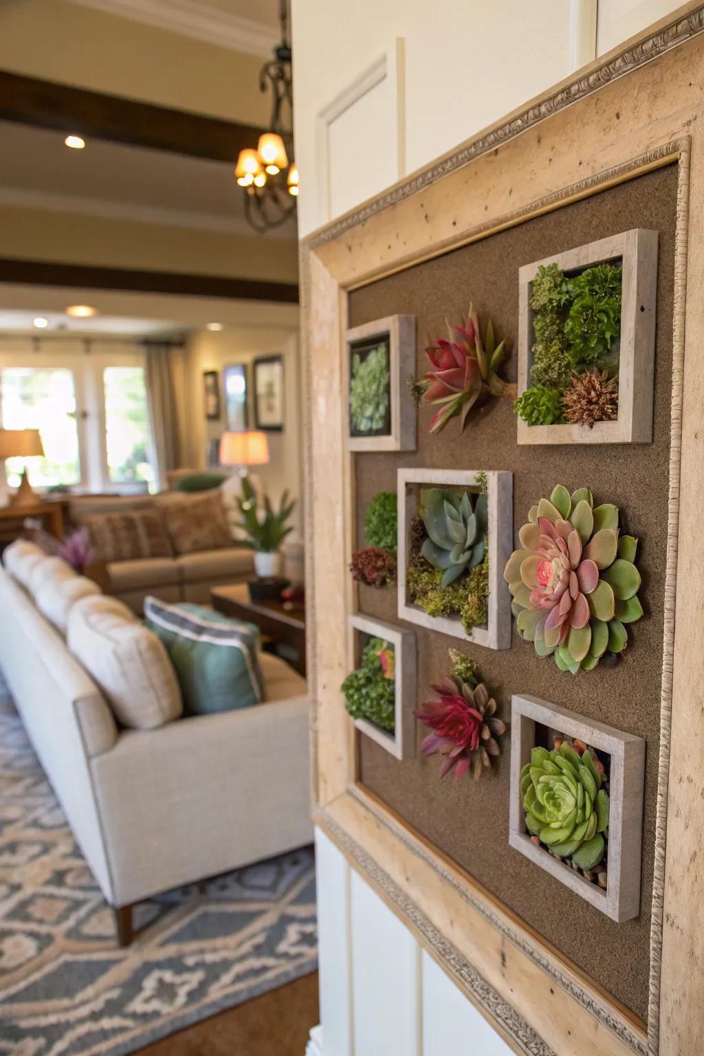 Display case frames featuring succulents contribute depth to your décor.