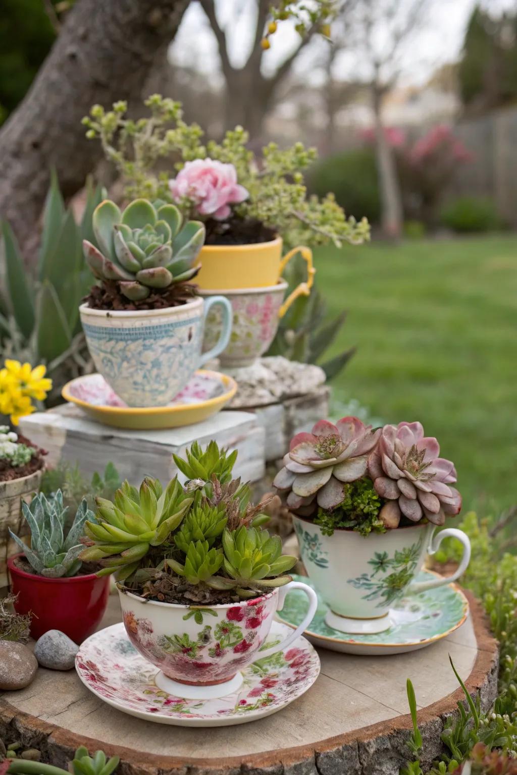 A delightful and whimsical array of succulents nestled in mismatched pots and teacups.