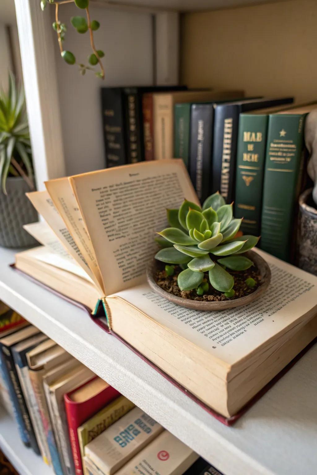 Bound-pages repurposed into planters for an intellectual twist.