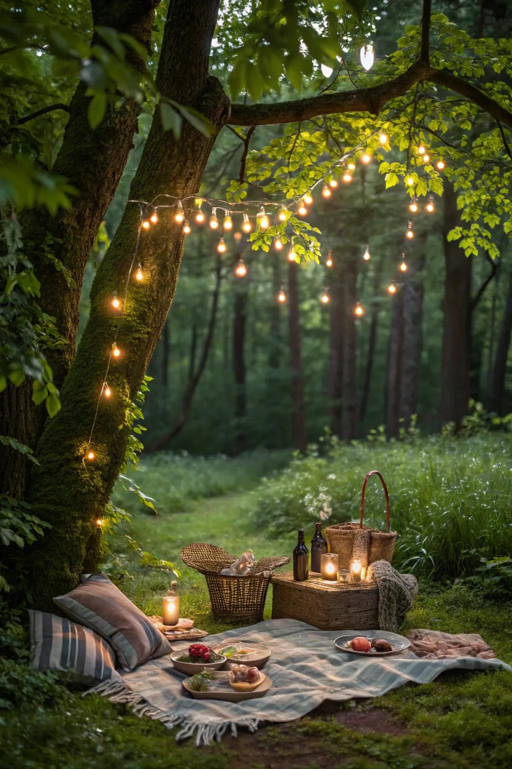 An enchanting forest picnic with a serene and magical atmosphere.