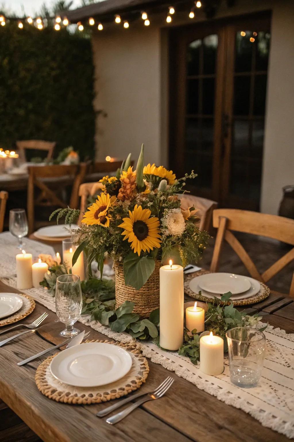 Elevate your dining experience via a sunflower focal point.