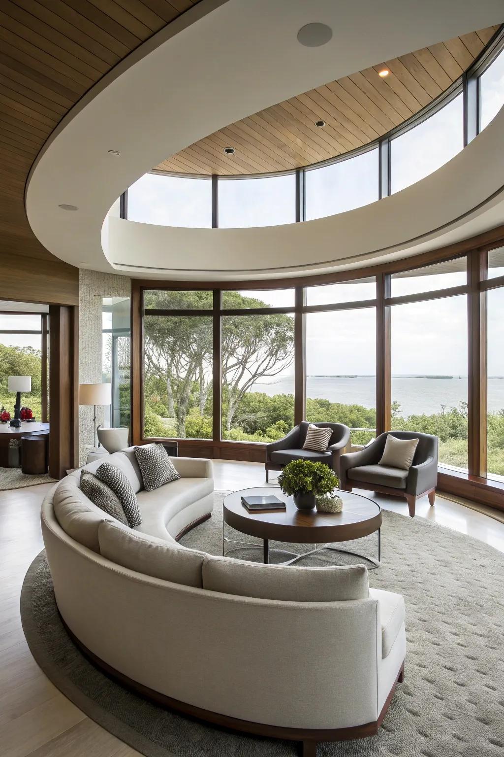 A circular recessed living room design.