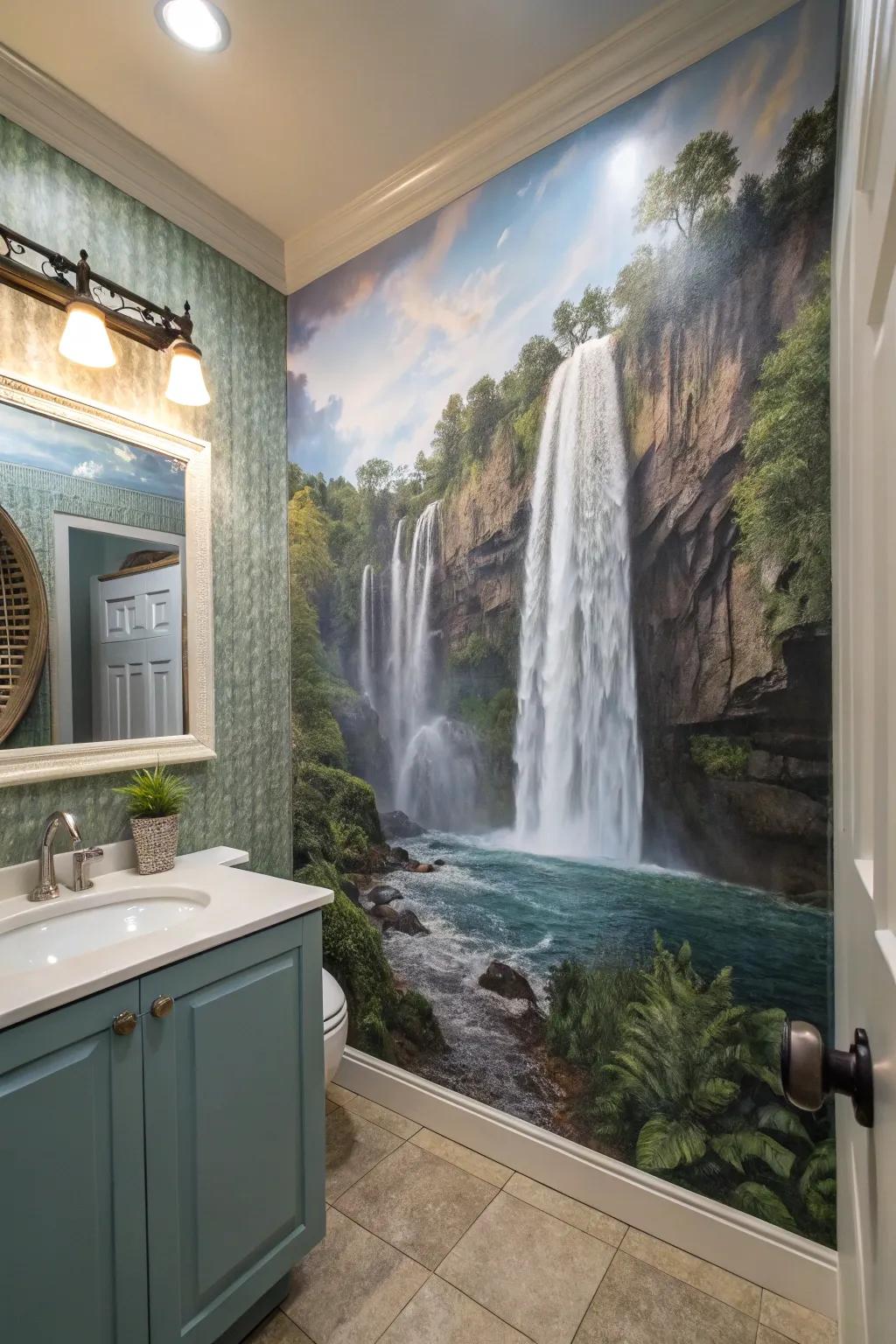 A bathroom showcased with waterfalls flowing upwards.