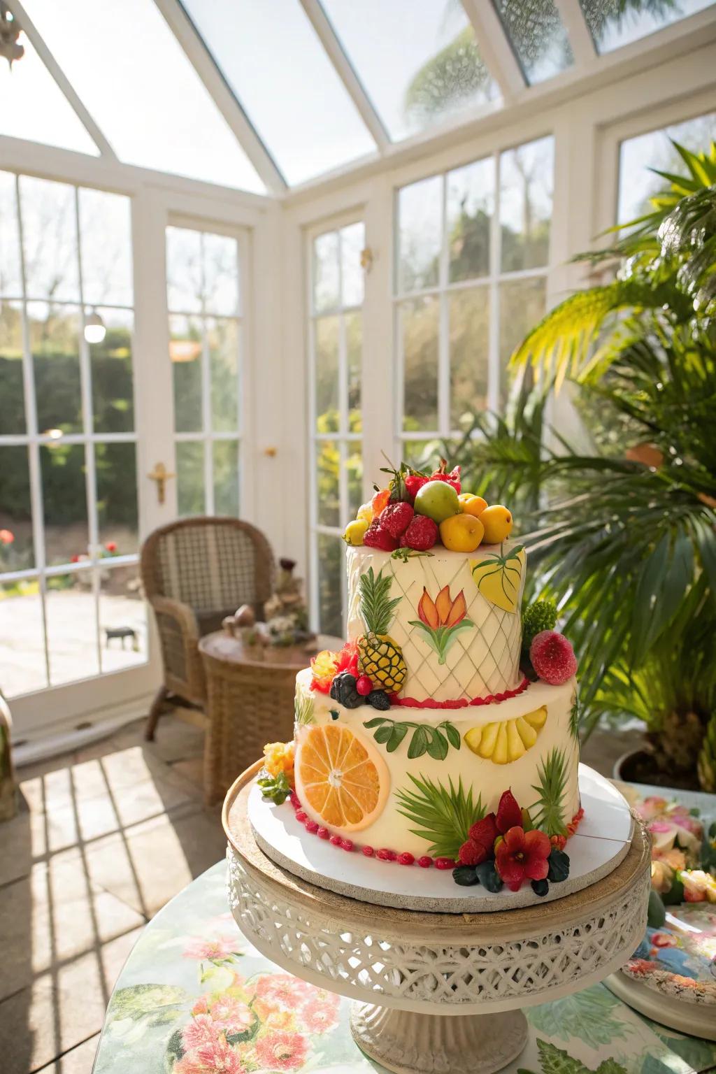 A tropical ambiance cake that infuses a segment of paradise into the gathering.