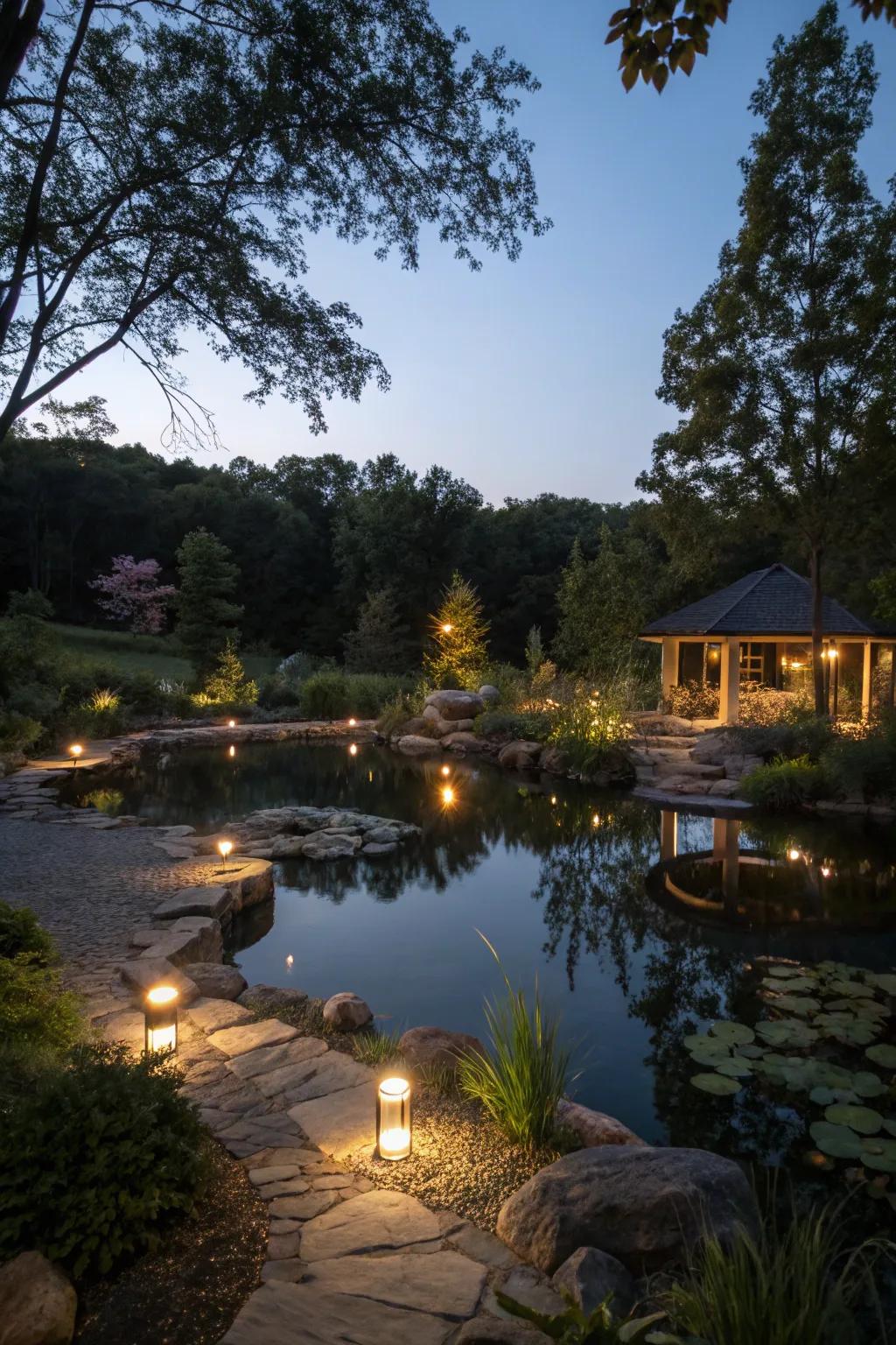 Gentle lighting crafts a magical atmosphere surrounding the pond at dusk.