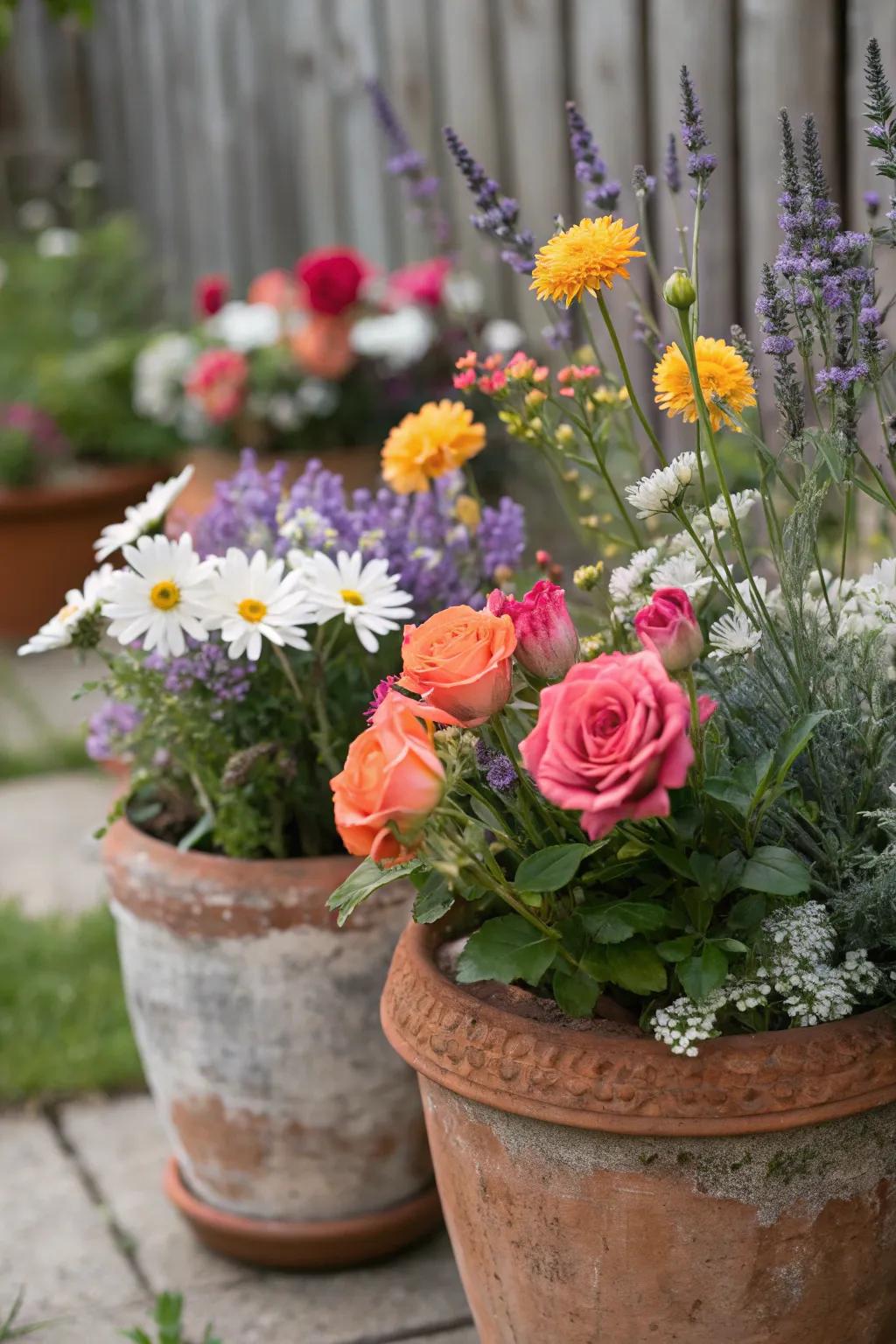 A welcoming, rustic centerpiece showcasing sunflowers arranged inside earthenware vessels.