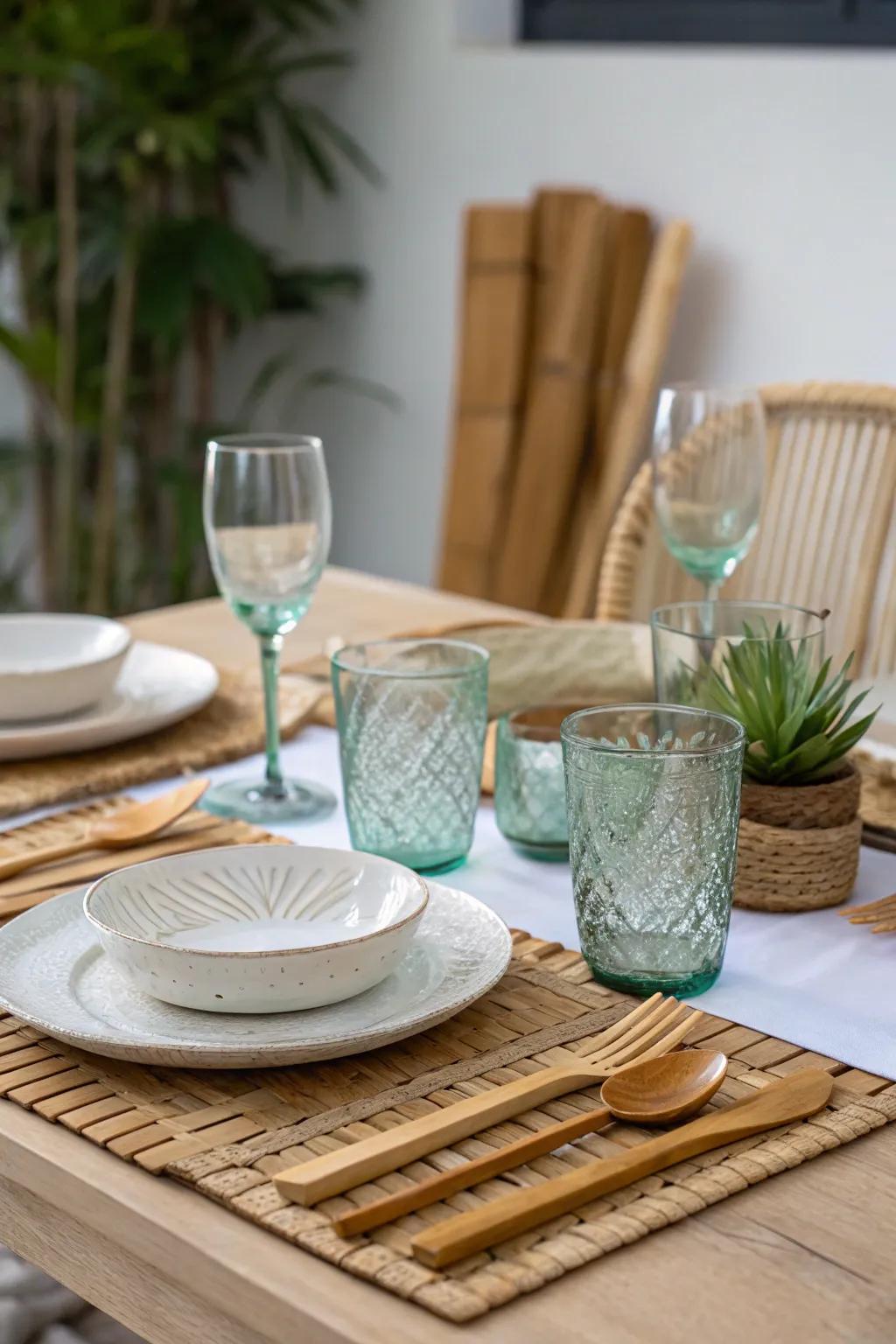 Sustainable nuances append environmental responsibility to the tablescape.