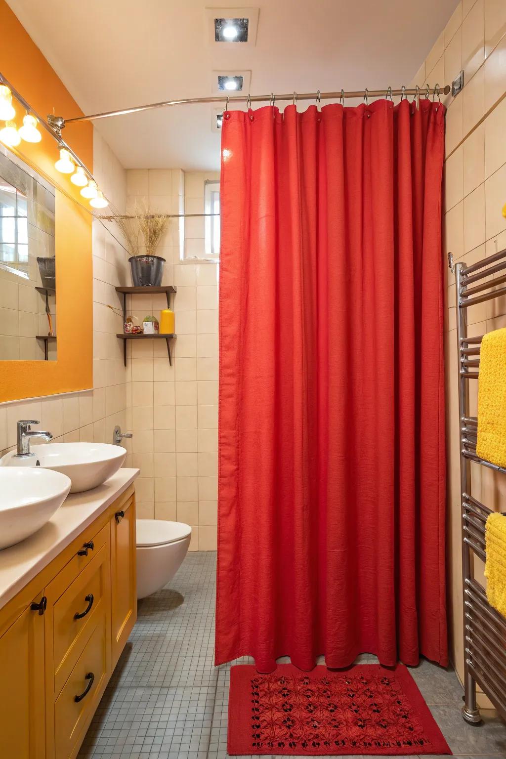 A brightly colored shower curtain can energize and transform your space.