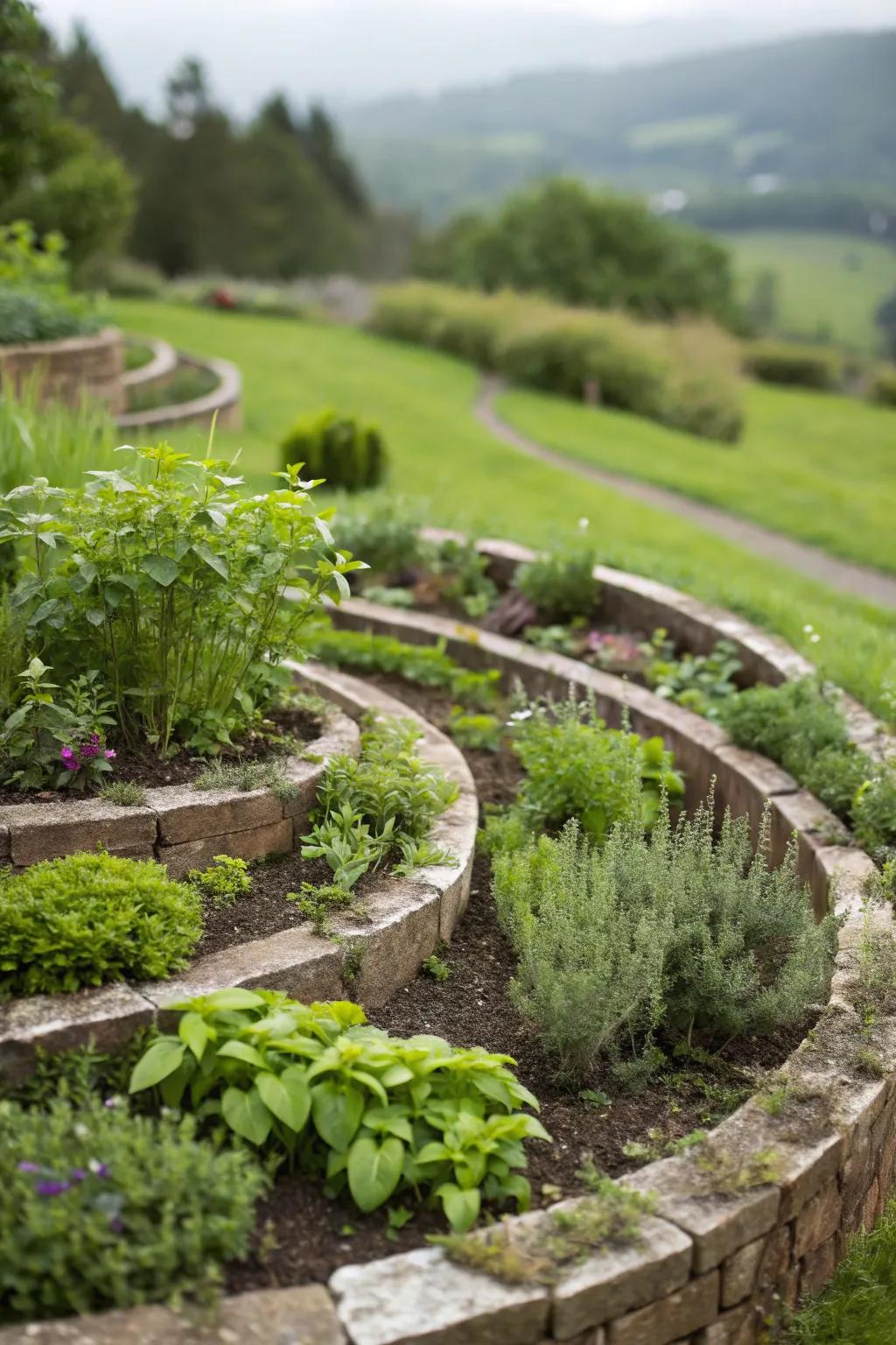 Herb spiral offering a unique and efficient method for cultivating your tea herbs.