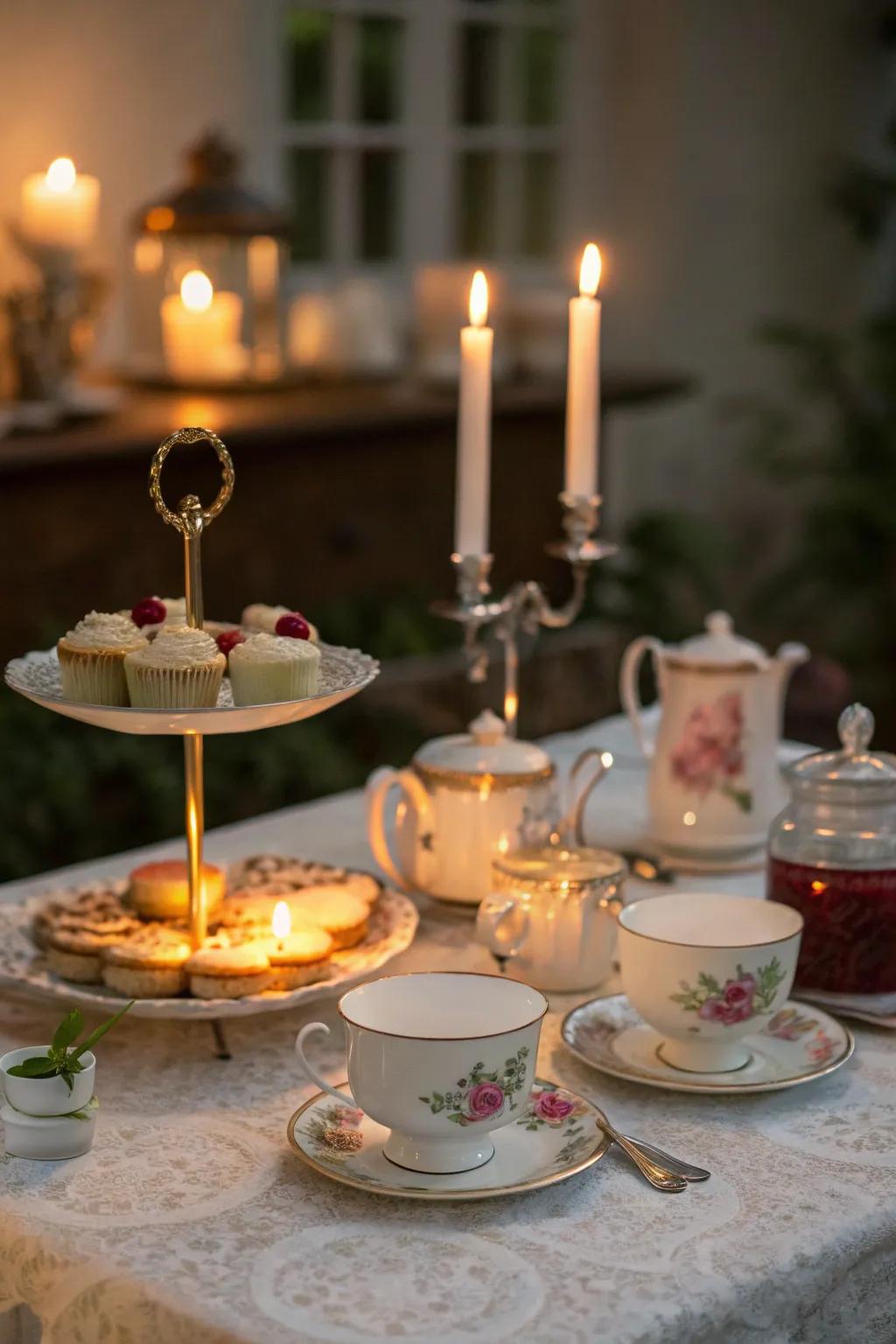 Candles provide a warm and inviting glow to the tea party.