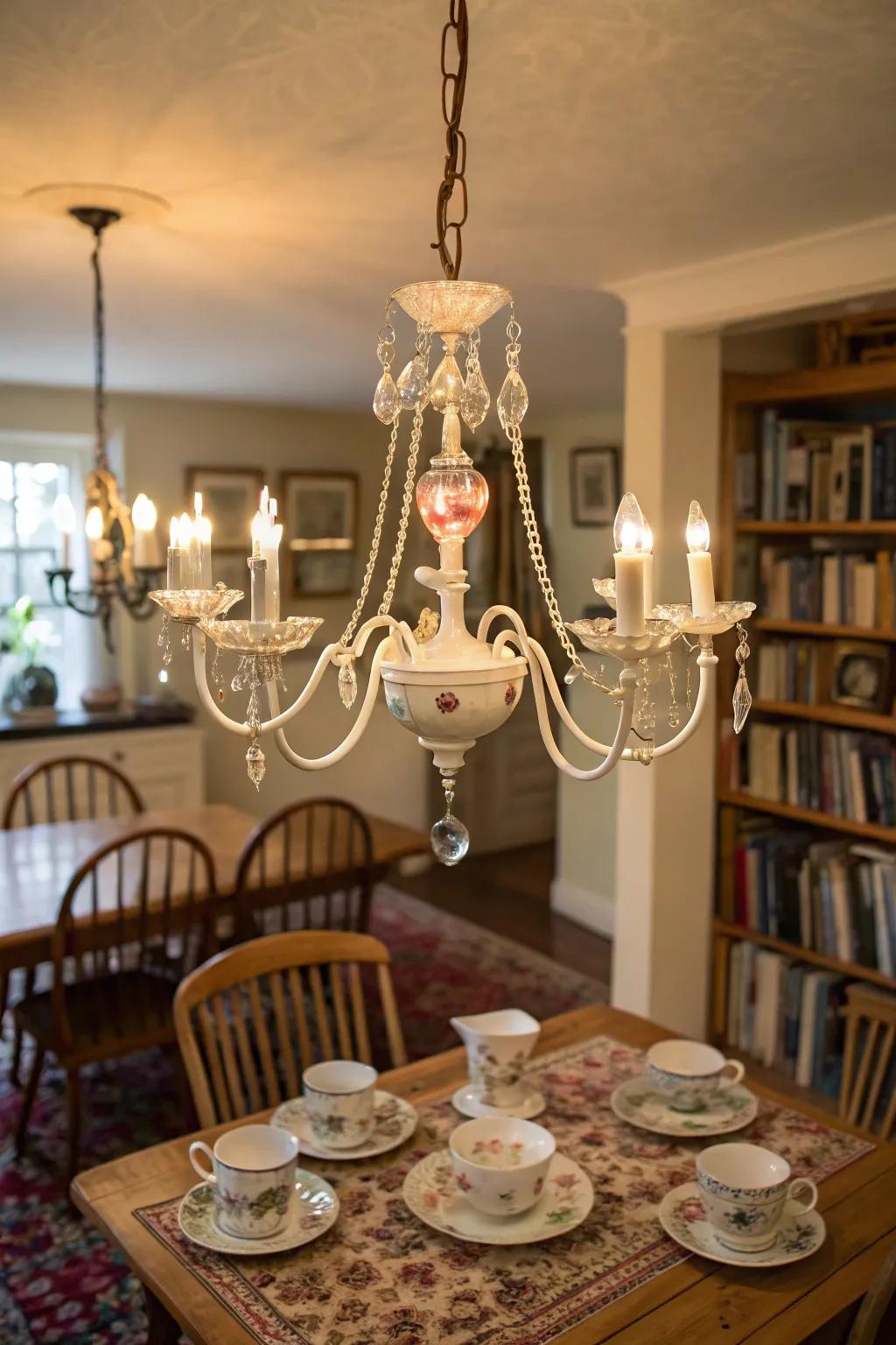 An amusing chandelier adorned with teacups for a distinctive touch.
