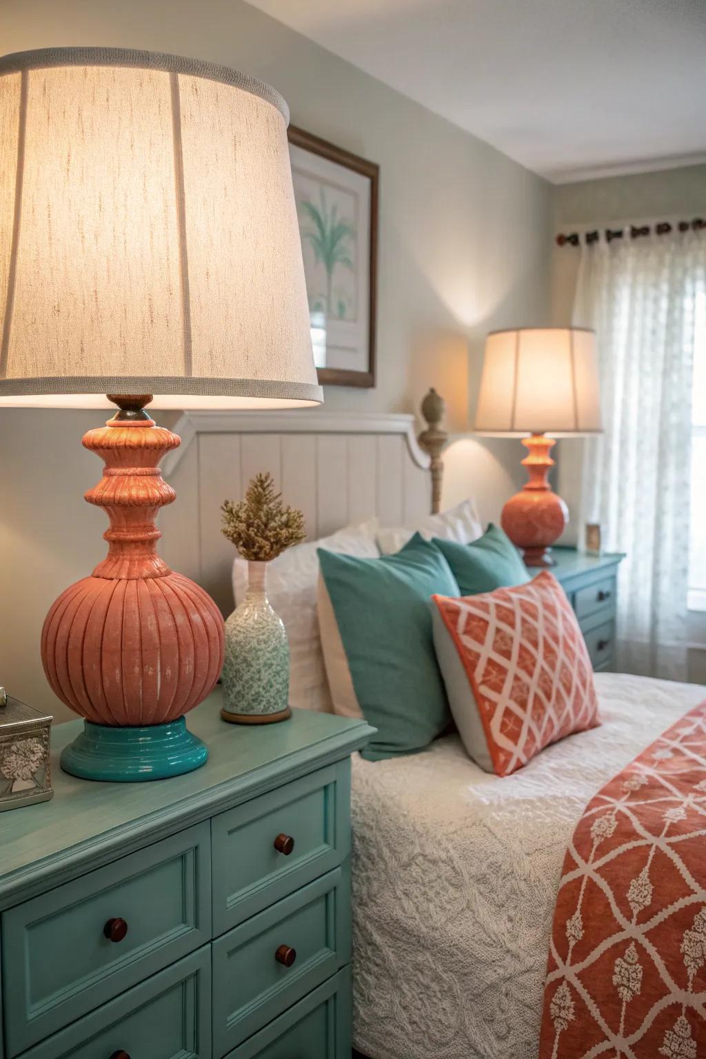 Stylish teal lamps with coral lampshades.