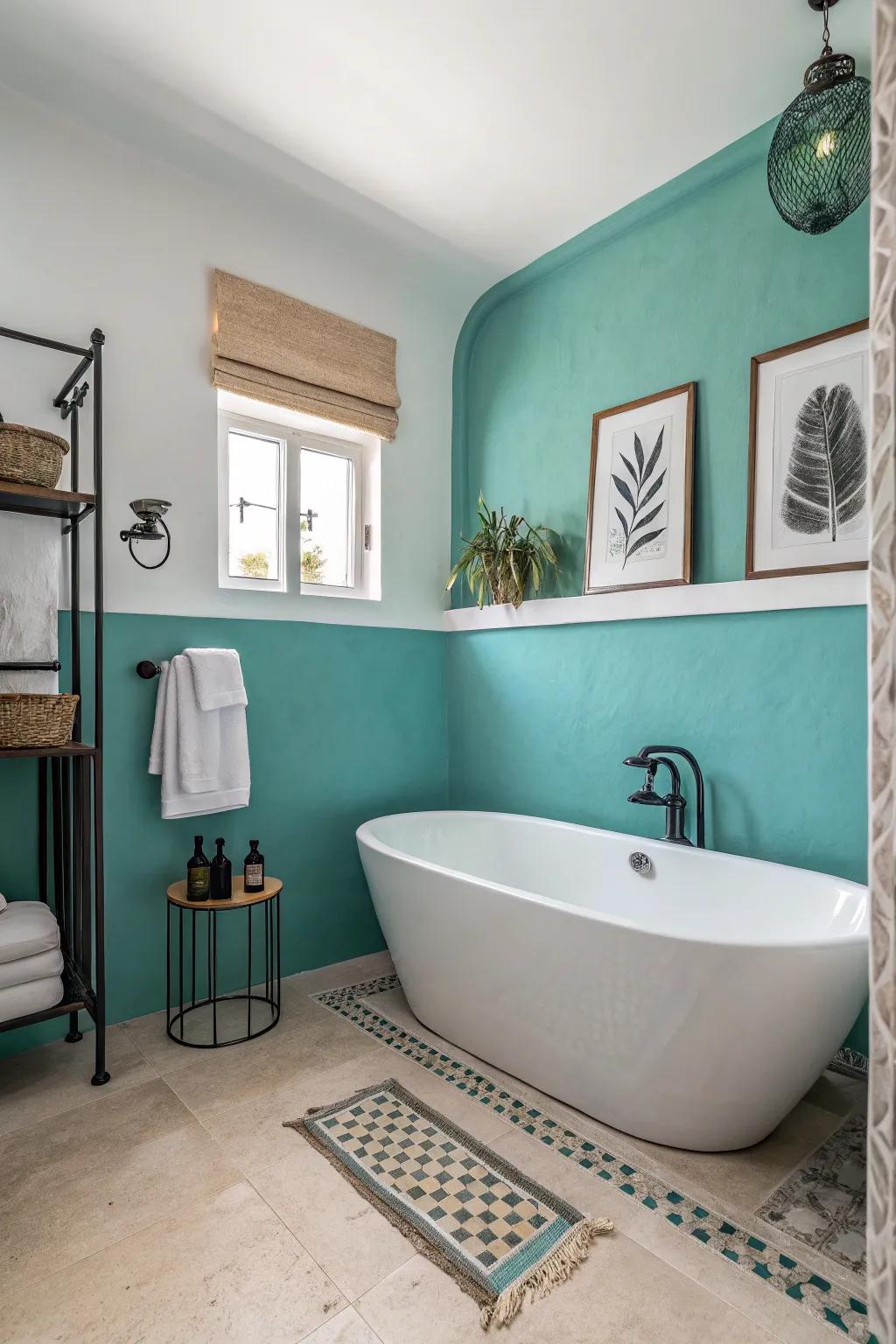 Play with shades using two-toned aquatic green walls.
