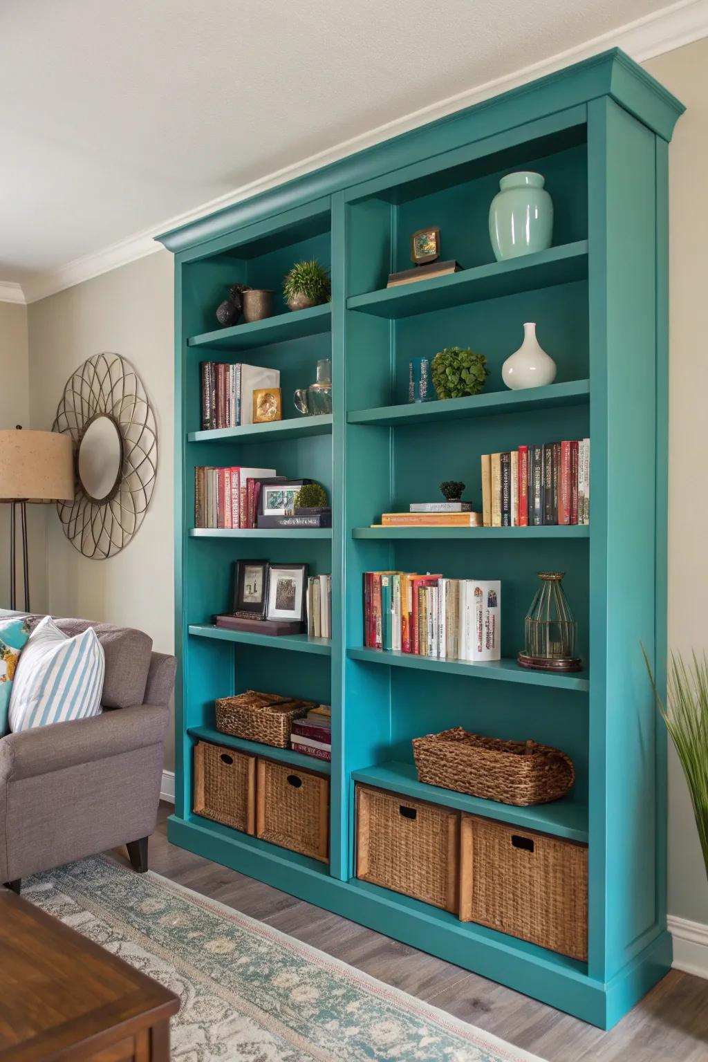 Teal shelves offer both style and a chic dash of color.