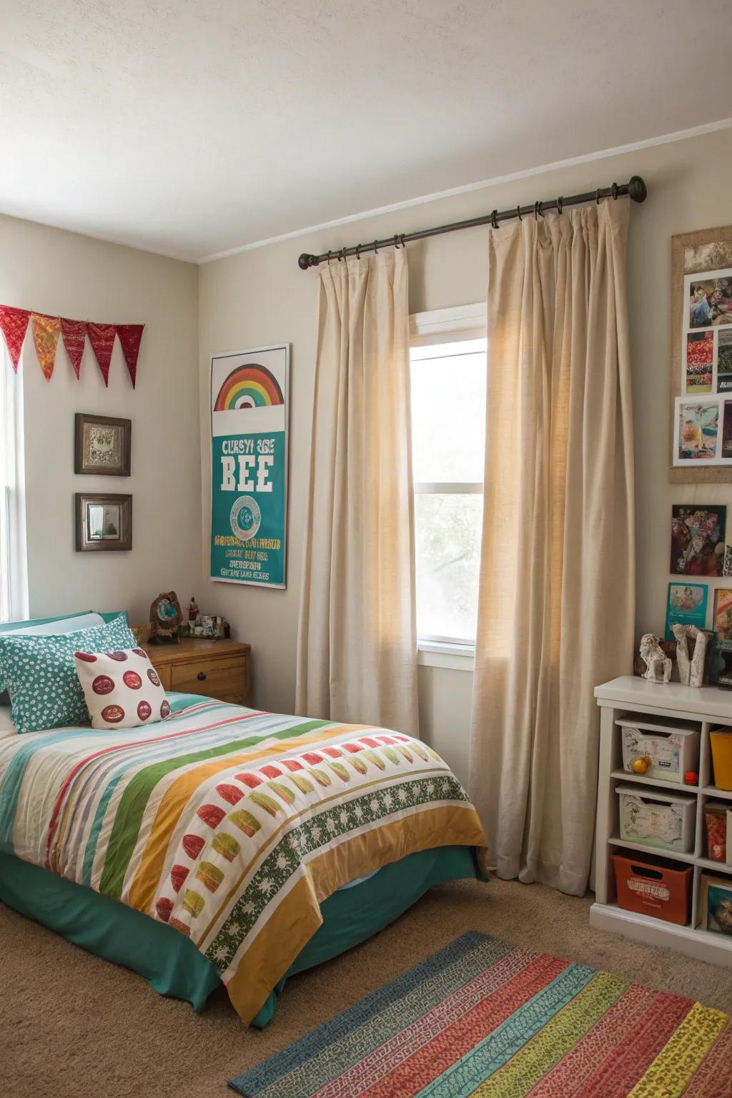 Off-white curtains offer a balanced and timeless backdrop.