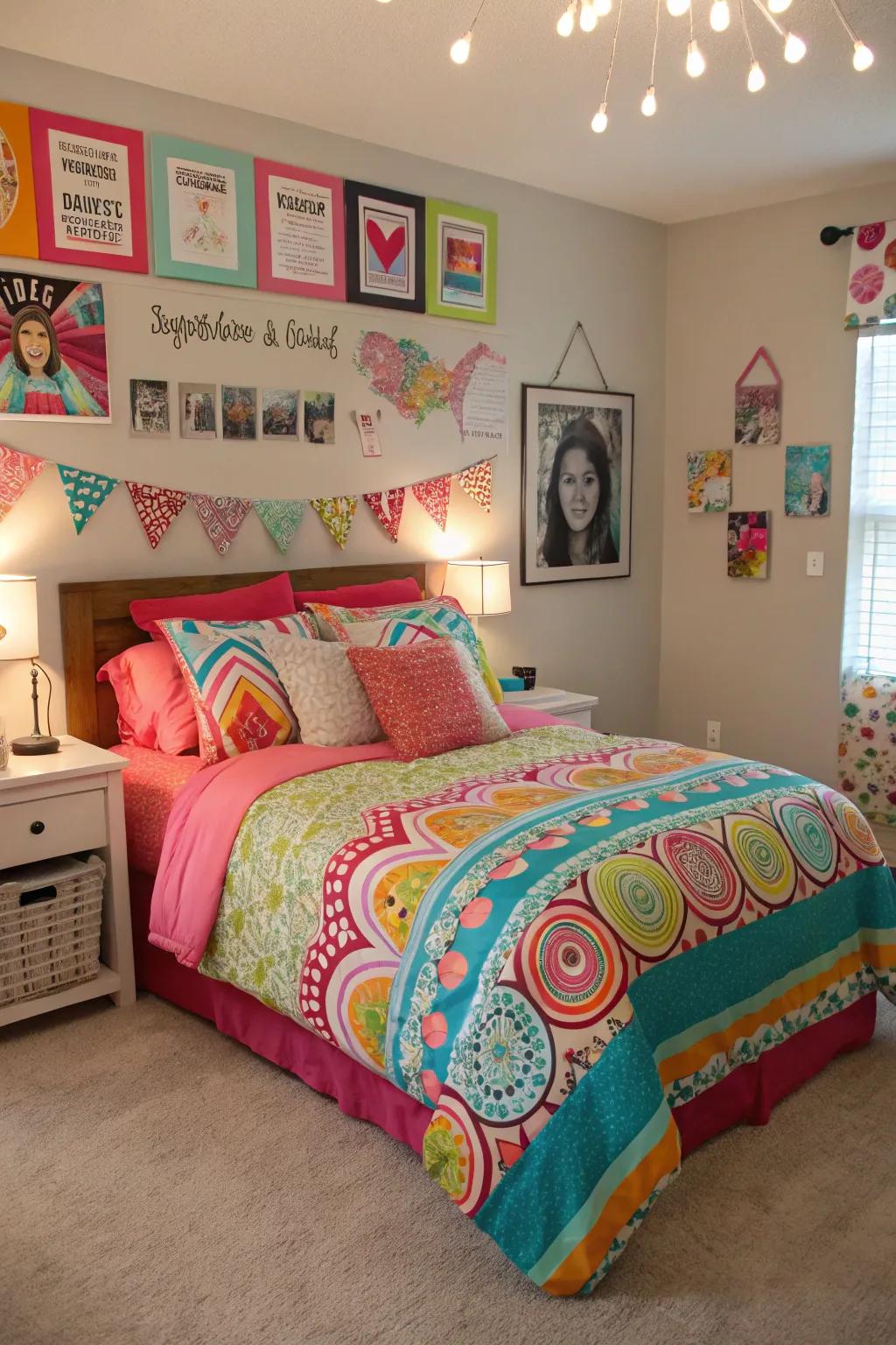 Bright bedding adds vibrancy and showcases personal style in a teenage girl's room.