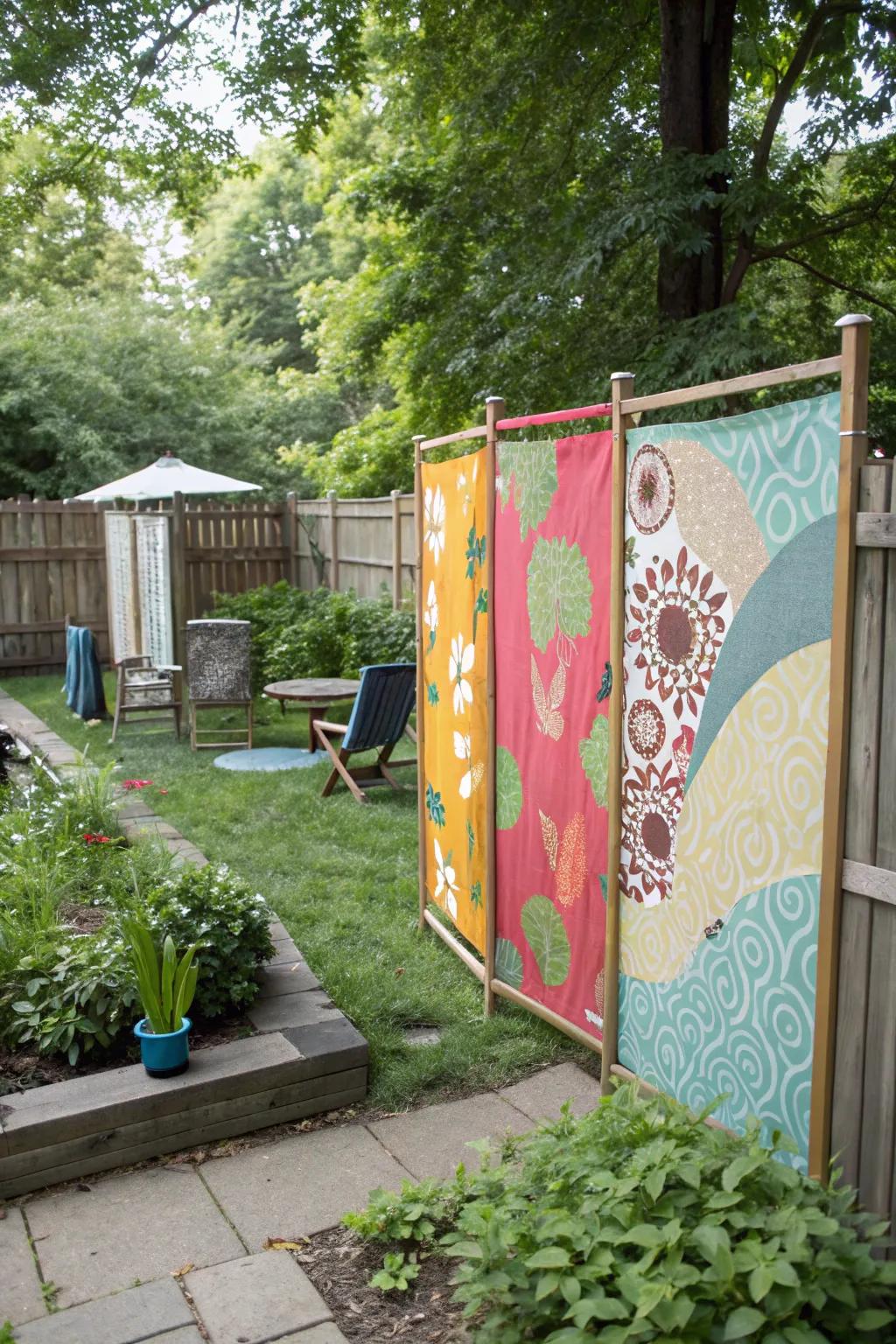 Tarpaulin dividers infuse color and privacy into garden locations.