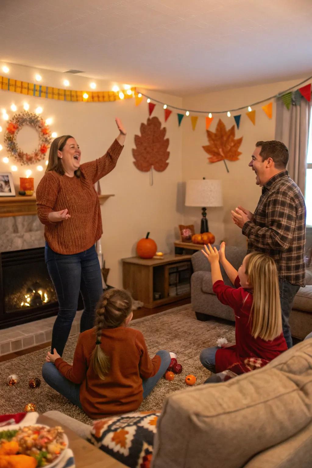Family relishing an animated game of Thanksgiving pantomime.