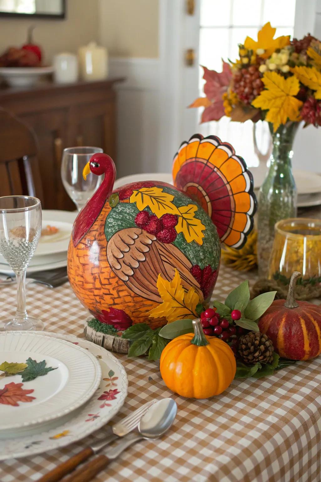 A painted glass turkey gives a unique, personal accent.