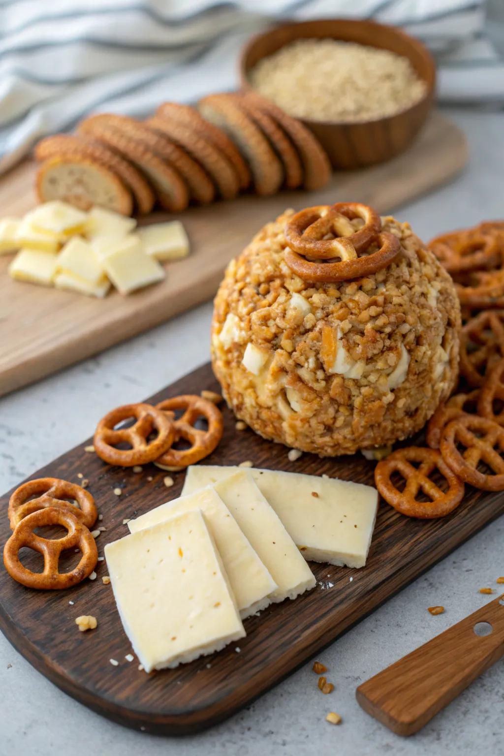 Nut-safe cheese ball delivering a savory stick crunch.