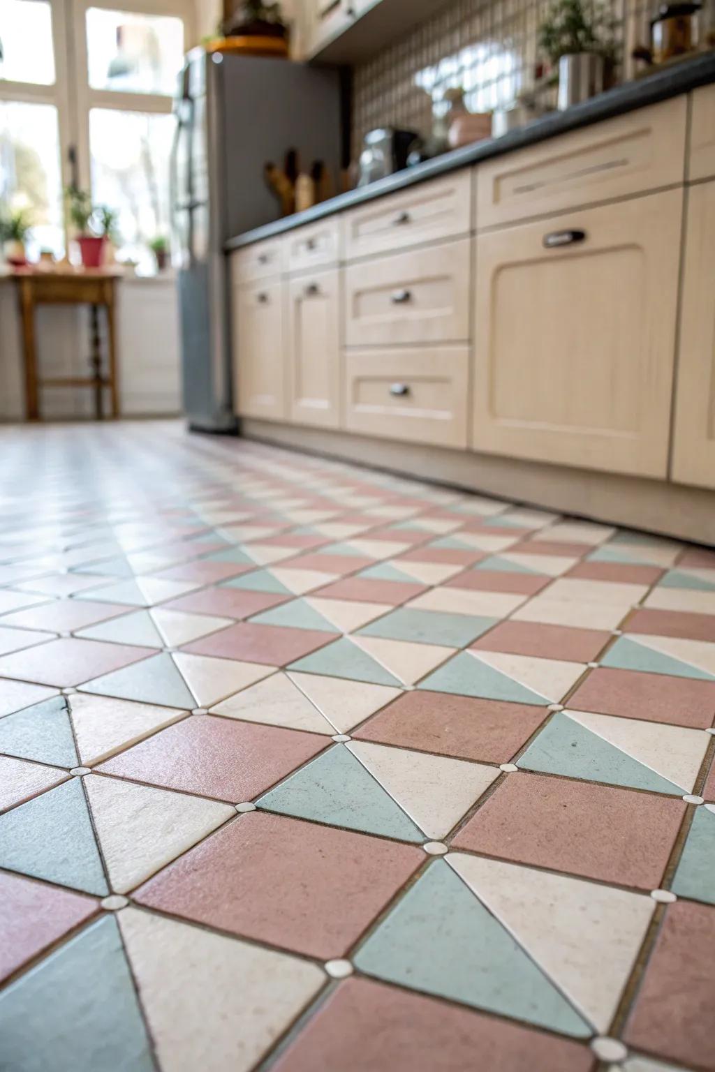 A pastel checkerboard arrangement incorporates a playful spin to this cooking area.