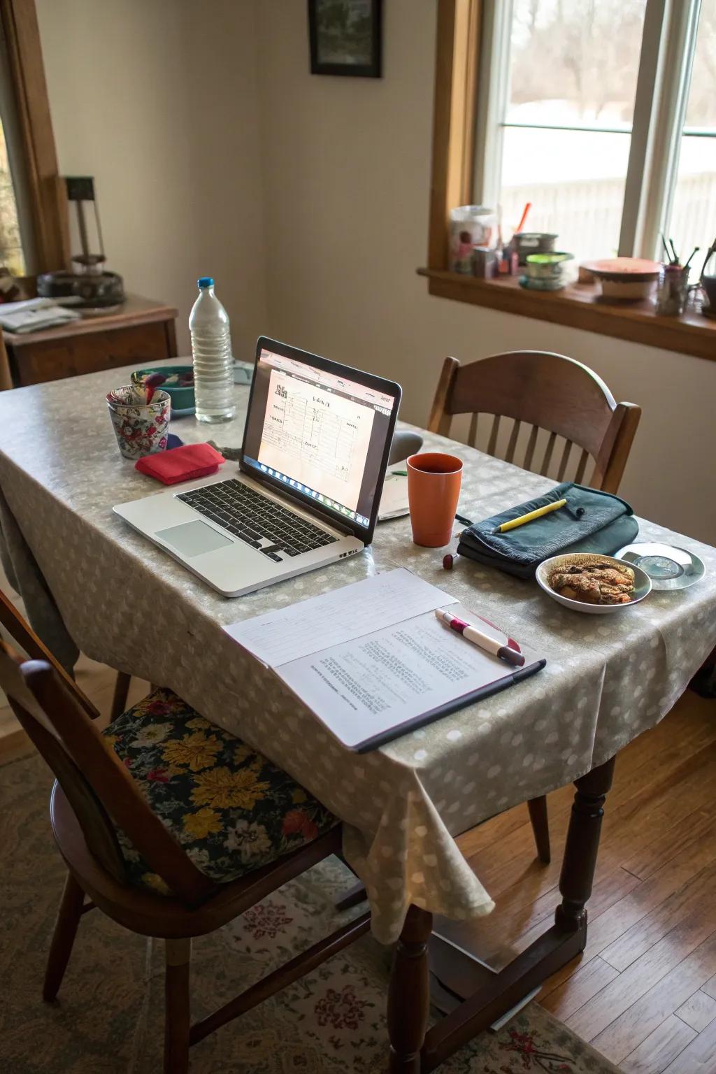 A multi-use dining table is an efficient workspace.