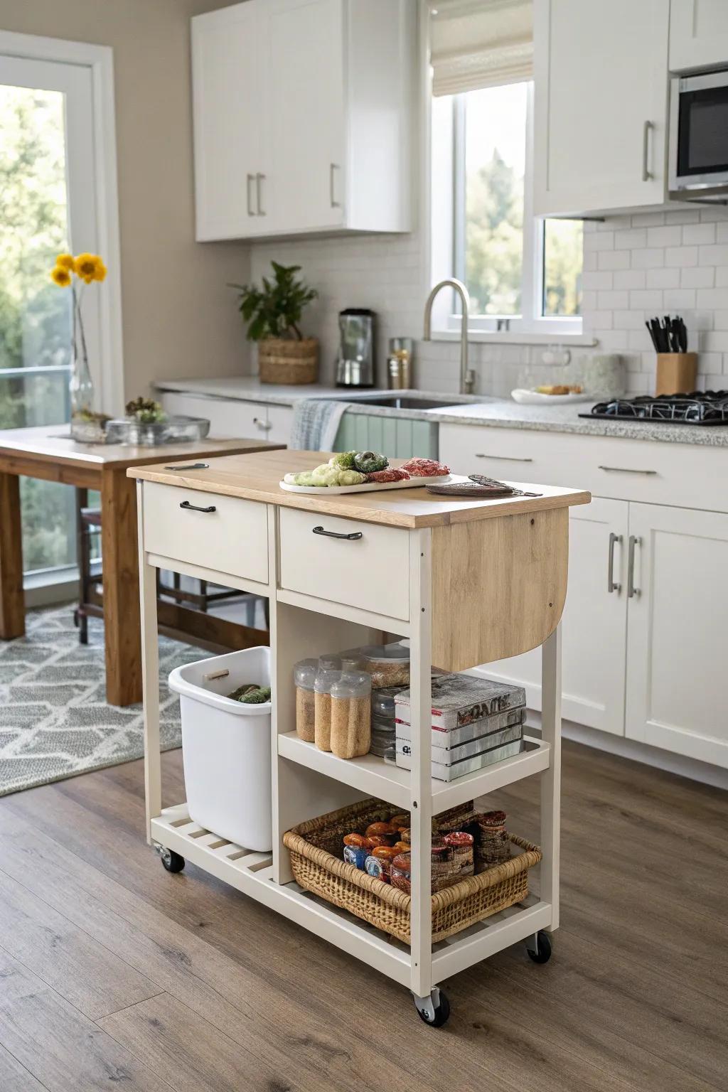 An adaptable island introduces versatility and purpose to a petite cooking space.