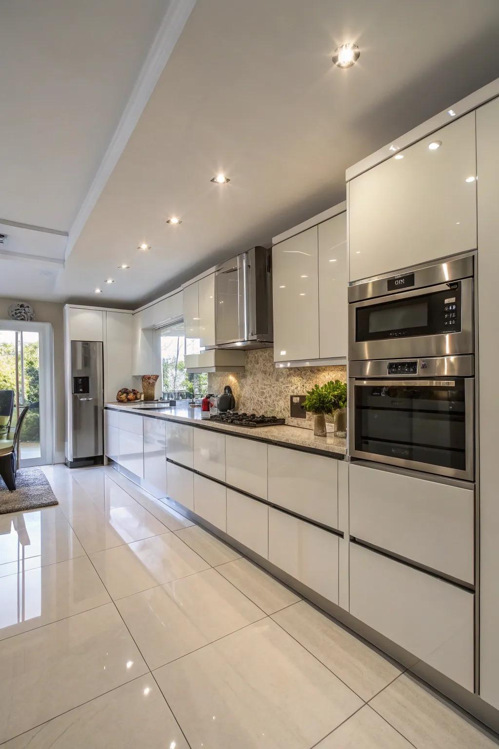 High-sheen finishes introduce glamour and give your kitchen a more capacious impression.