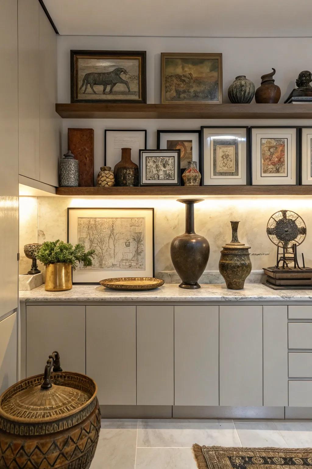 Embrace an assorted style with a mix of decor atop your cabinets.