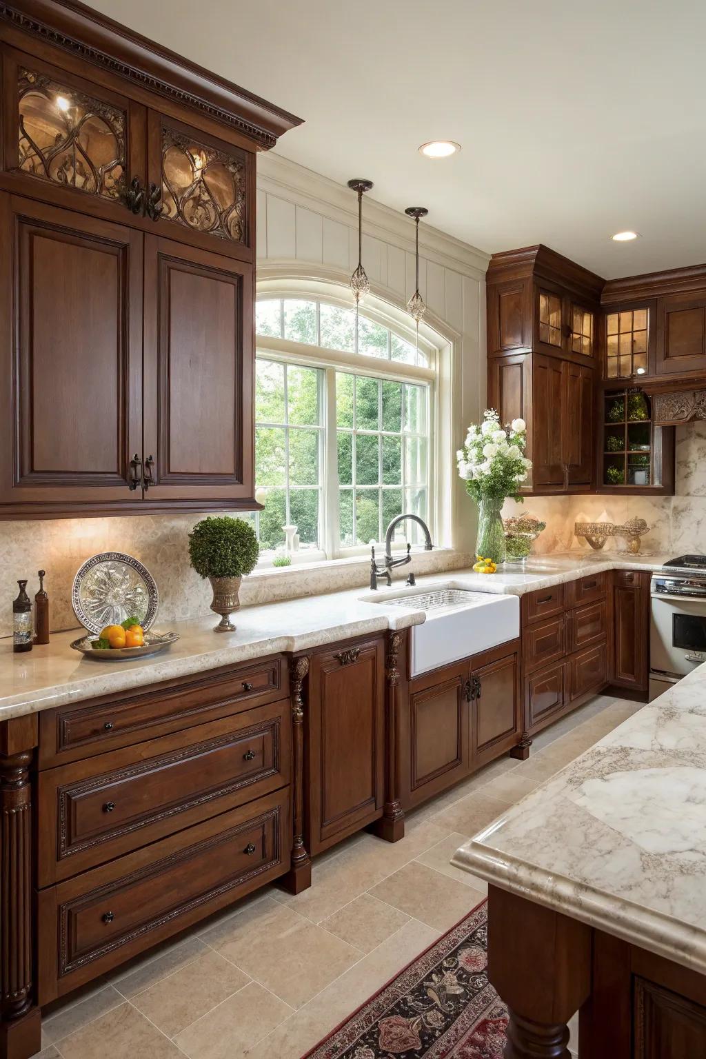 Mahogany cabinetry introduces warmth and sophistication.