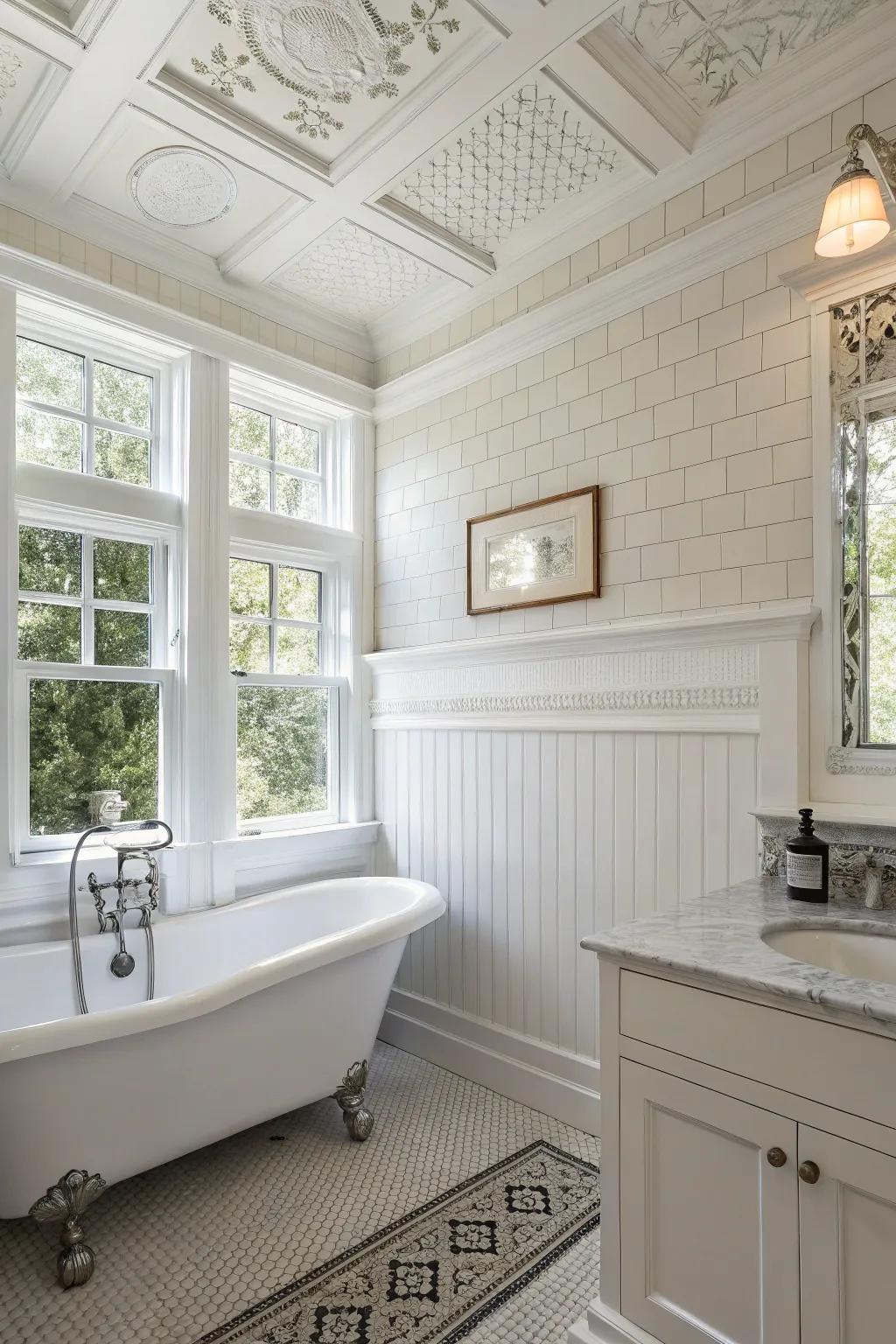 A white bathroom showcasing chic wall paneling that enhances texture and architectural intrigue.