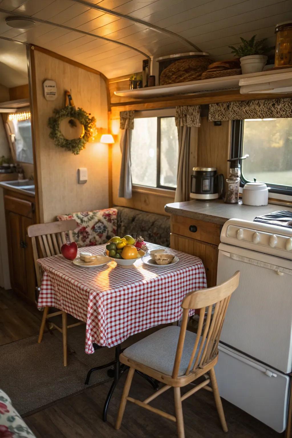 A breakfast nook fashions a cozy spot for morning coffee.