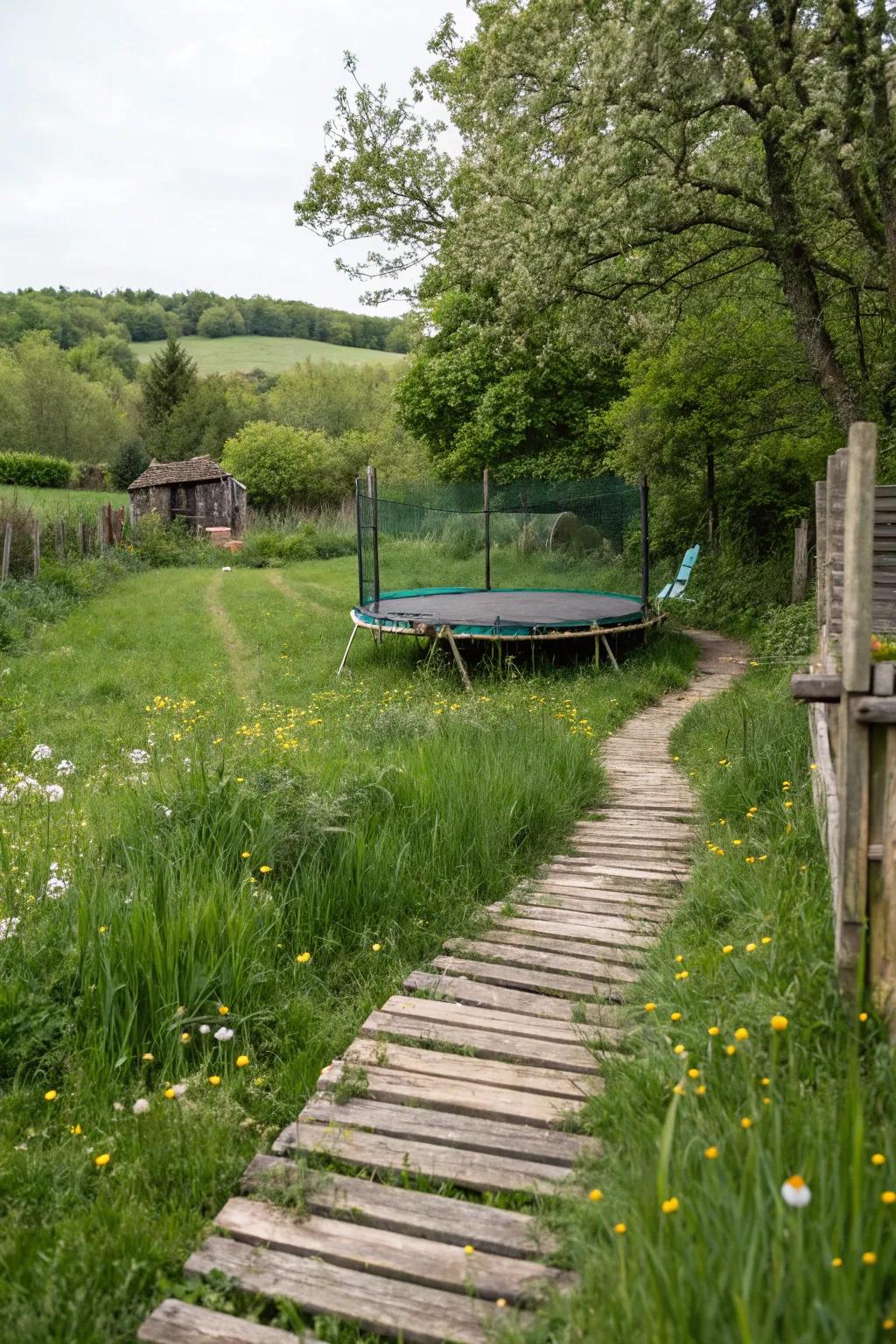 A rustic wooden pathway creating an inviting route to the trampoline.