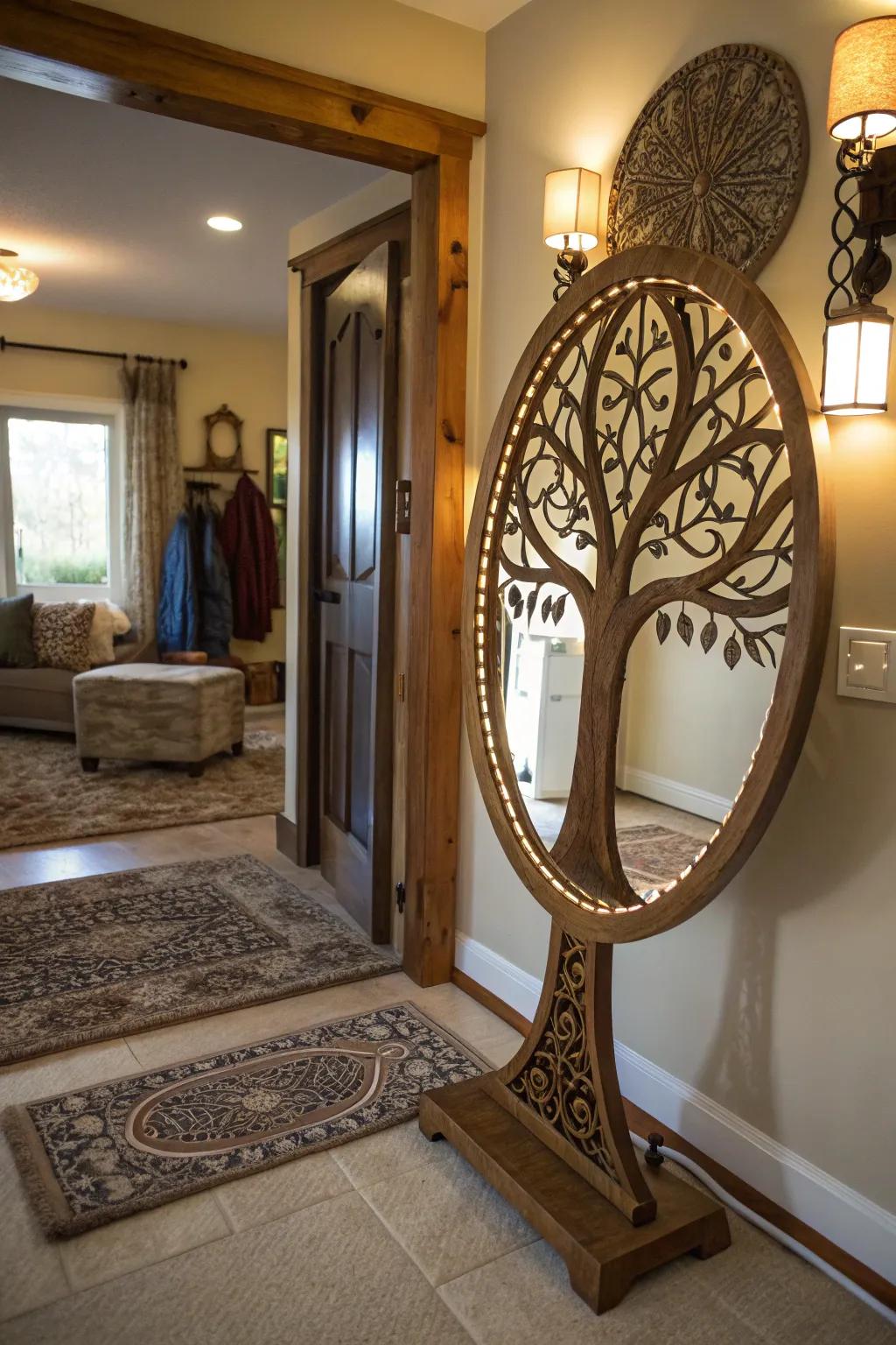 An Arbor Vitae looking glass reflecting light in an inviting entryway.