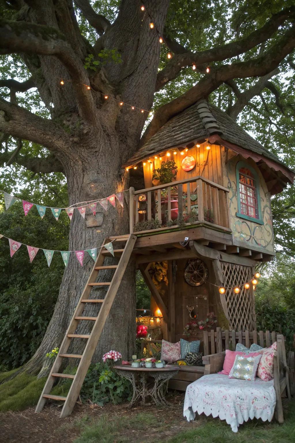 A themed treehouse with fairy tale elements, creating a storybook-like atmosphere.