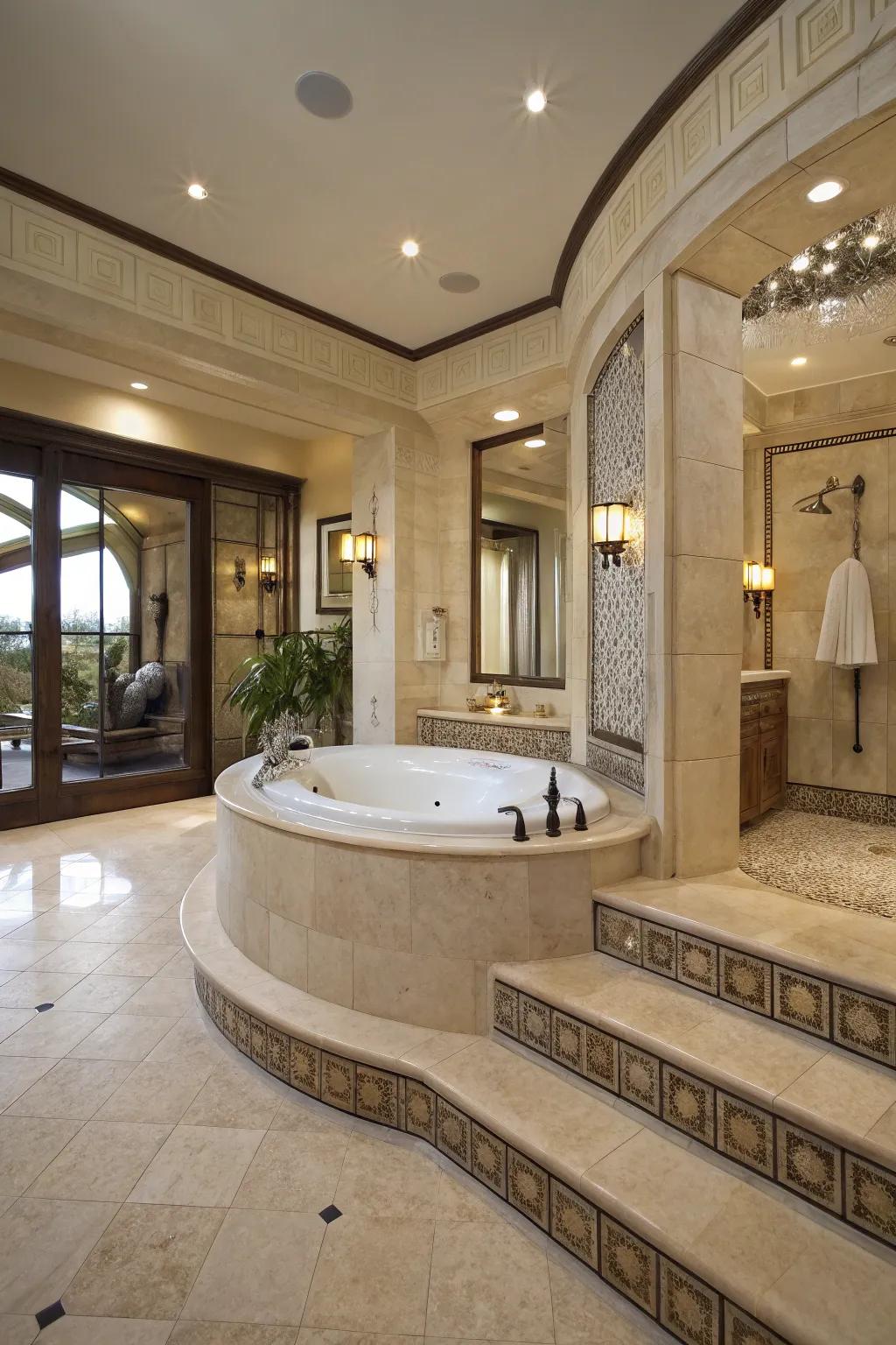 An elevated platformed tub establishes a luxurious centerpiece in the bathroom.