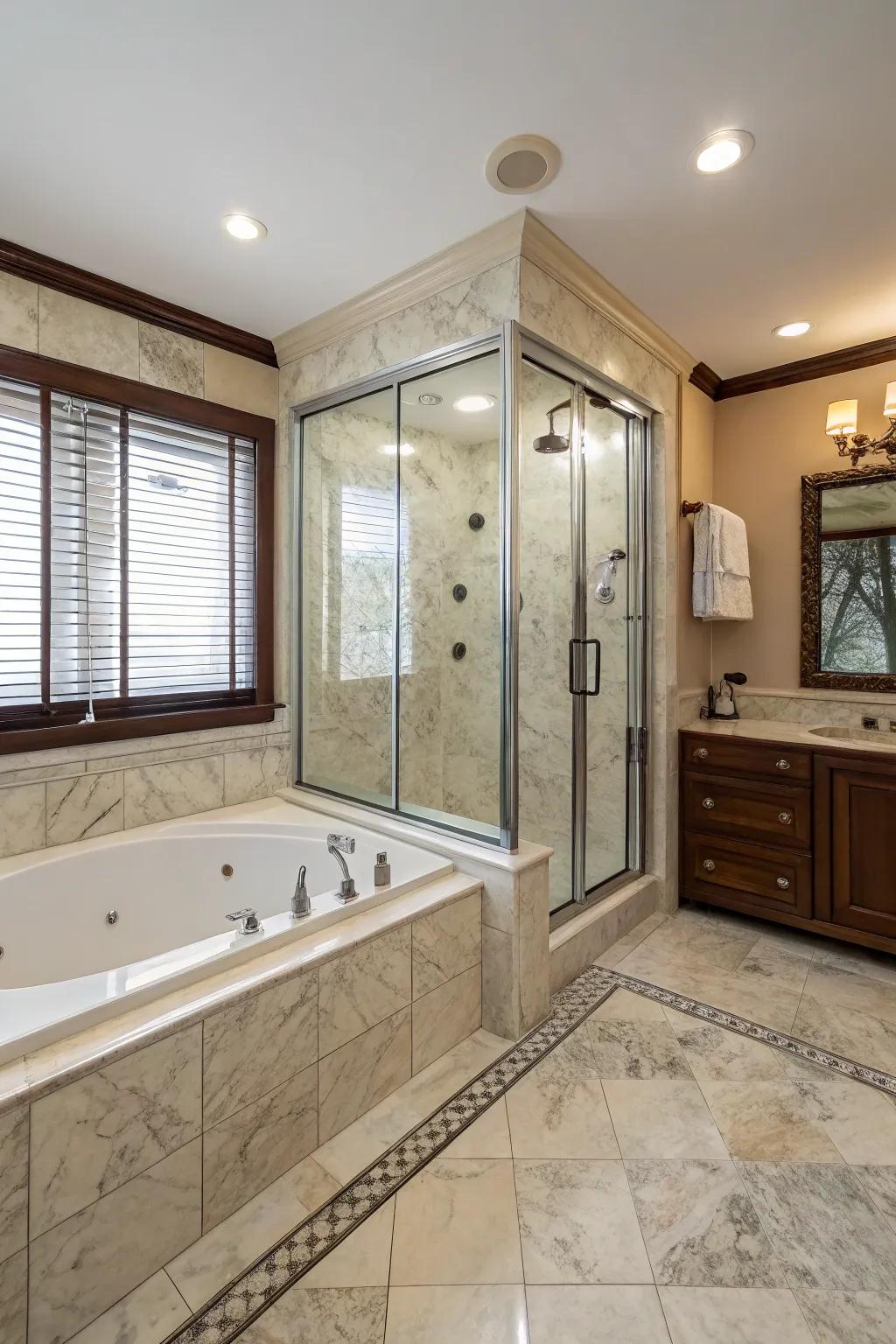 A bubbler tub adds a luxurious touch to this bathroom combination.