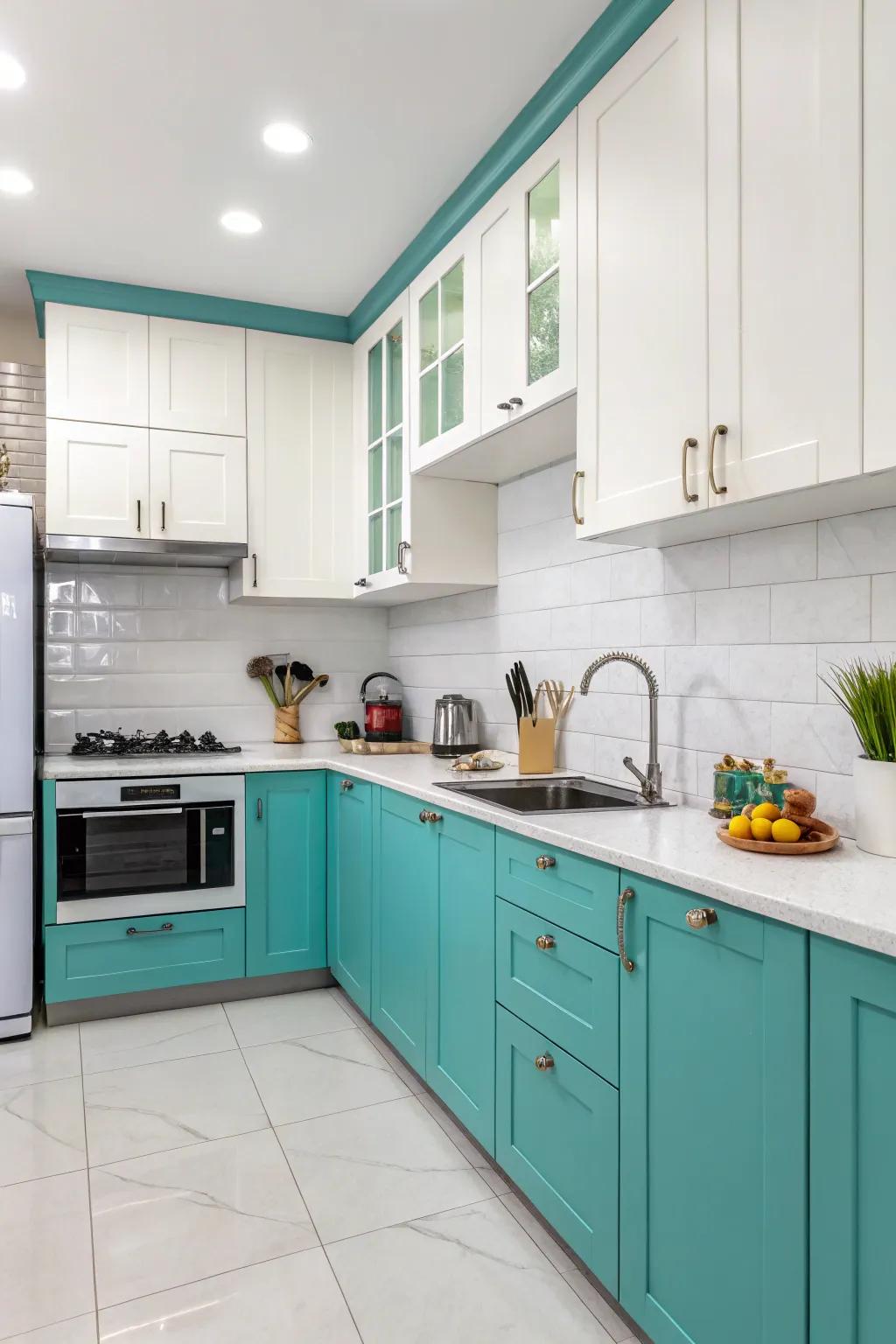 Dual-tone design infusing dimension into robin's egg blue kitchen cabinets.
