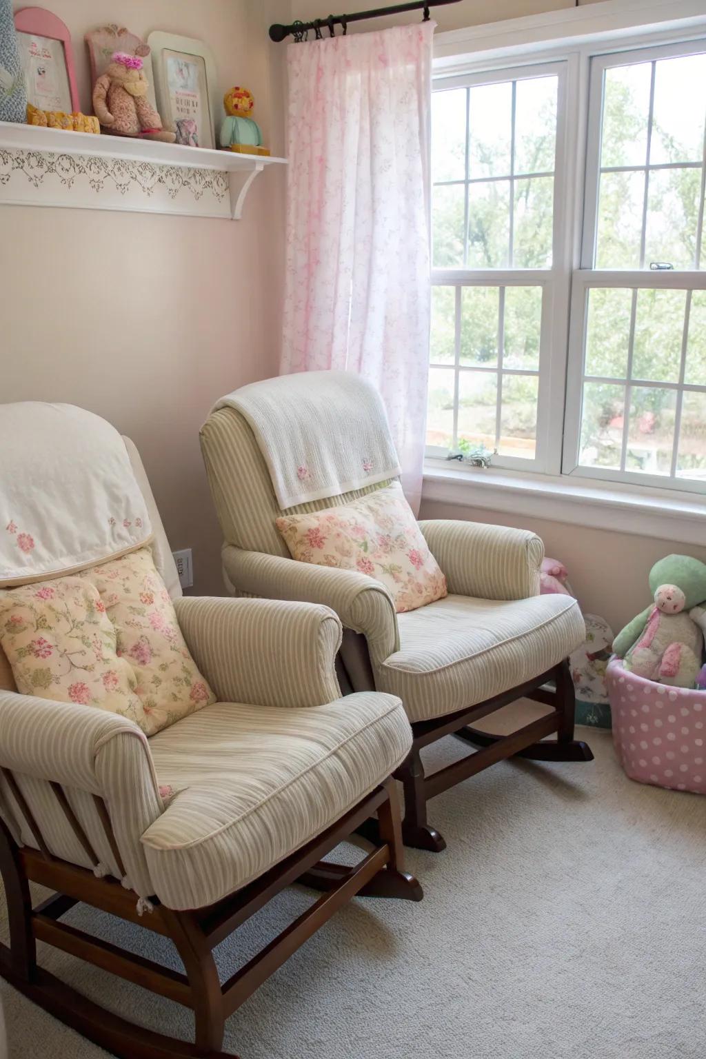 Dual rocking chairs present comfort and ease for soothing twins.