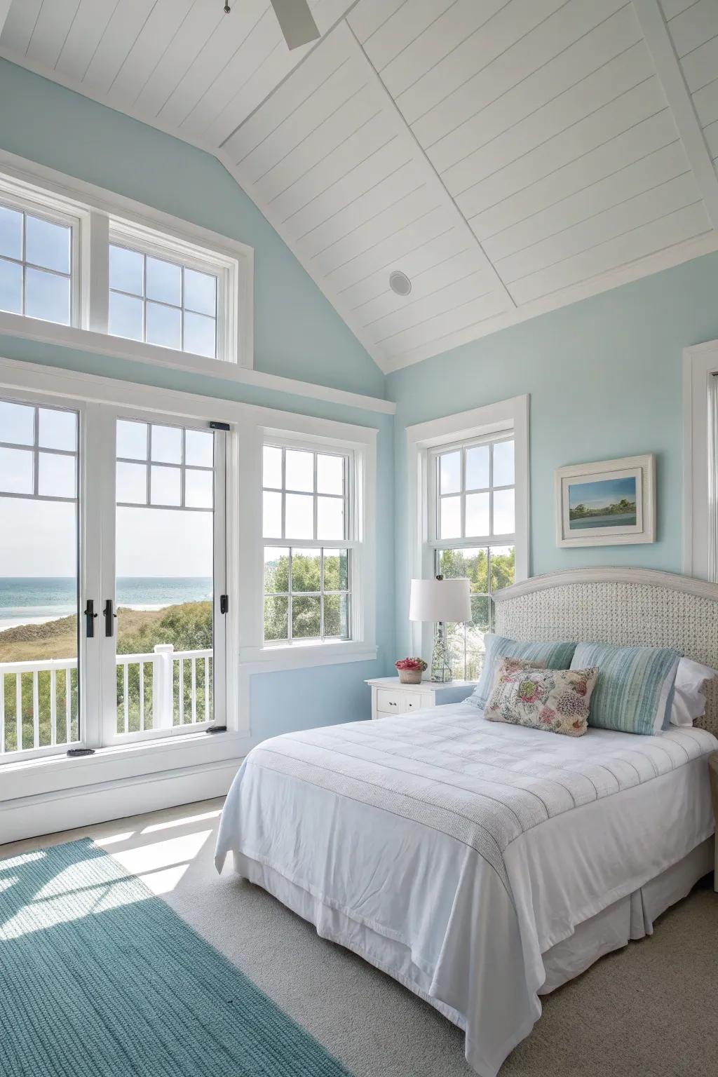 An airy bedroom styled with sky blue and white walls, echoing a clear sky.