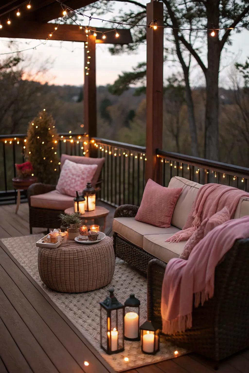 Light pink and espresso create a romantic and cozy deck atmosphere.